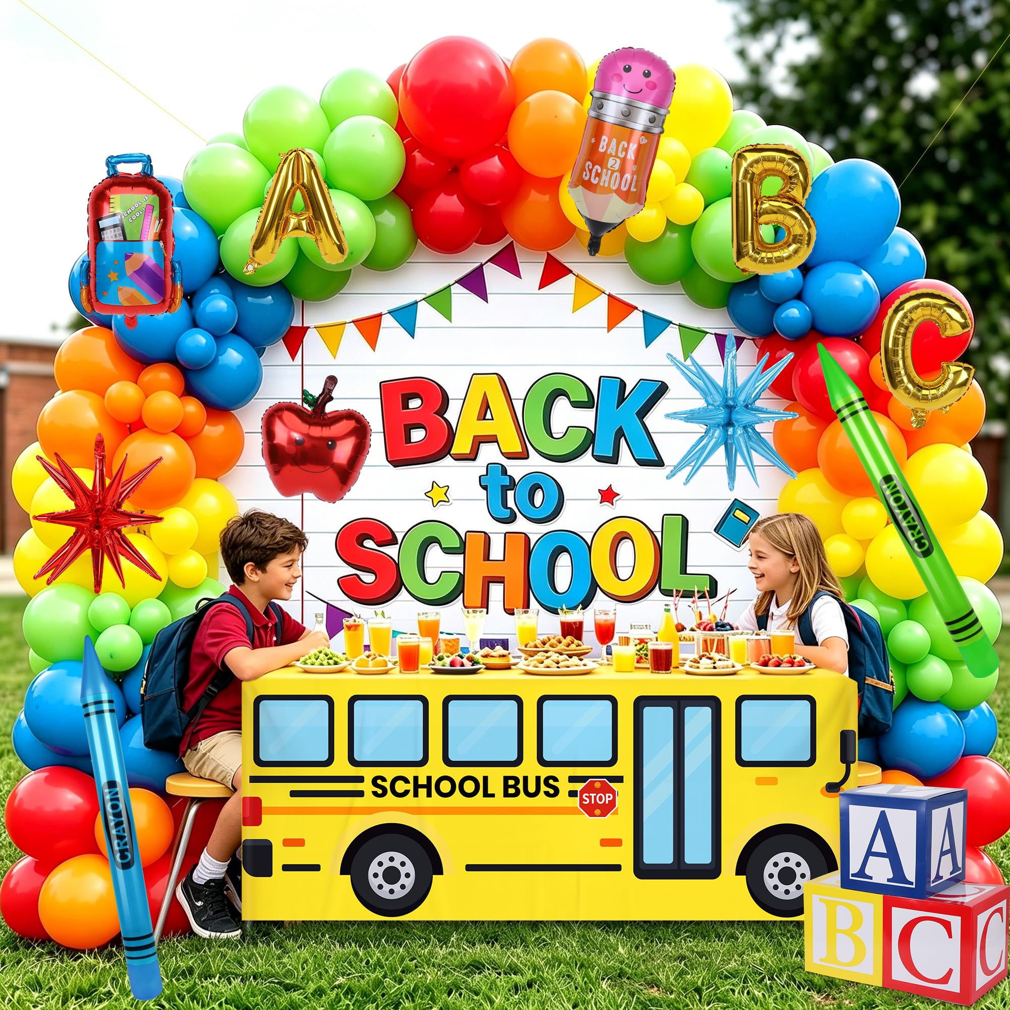 Aneco Kit de decoración de regreso a la escuela, kit de arco de guirnalda de globos con mantel de autobús escolar, cuaderno, telón de fondo, caja ABC inflable para aula, configuración del primer día