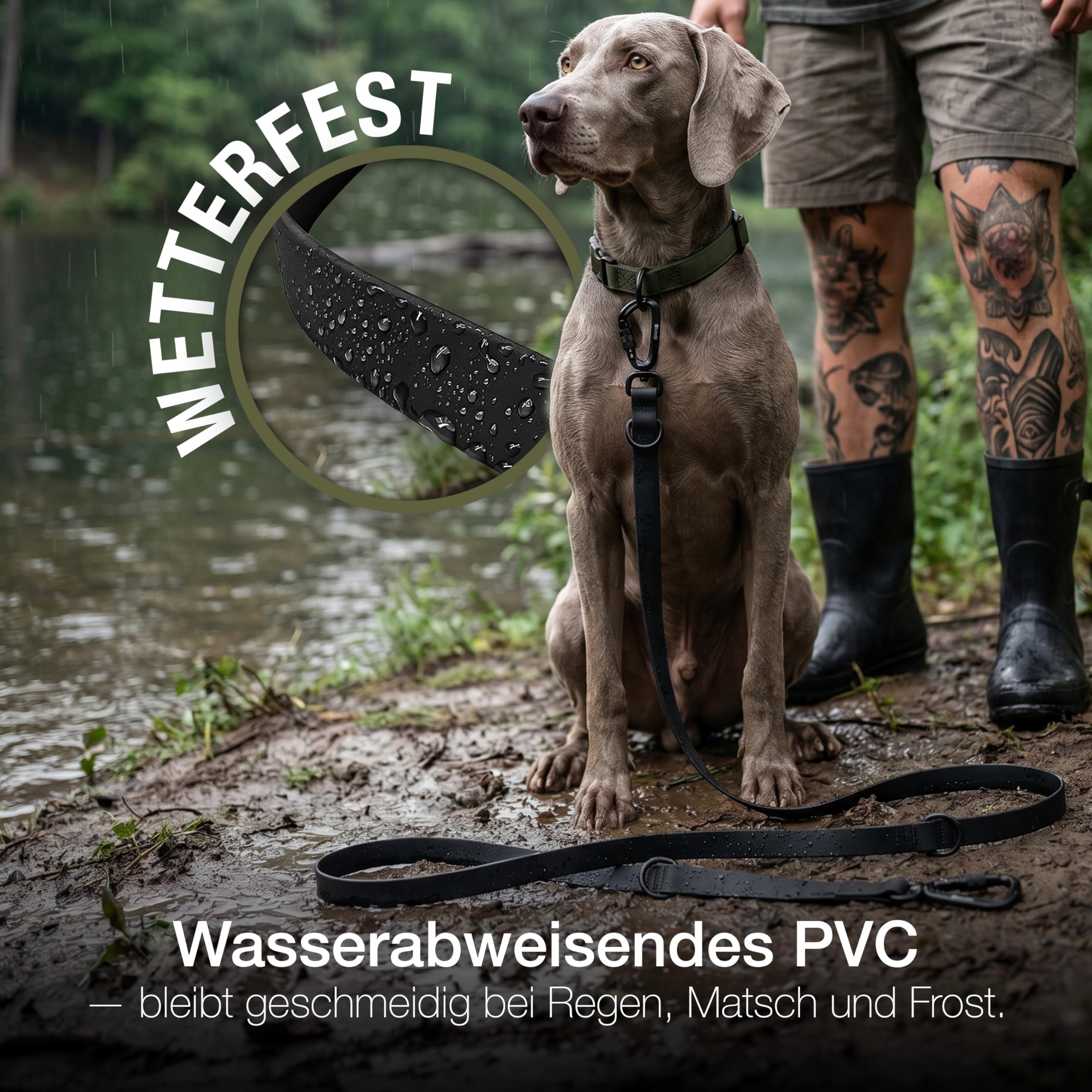 Wasserfeste Hundeleine 3m, Wetterfestes PVC & 2 Starke 360° Aluminium Sicherheitskarabiner, Verstellbare Doppelleine für 2 Hunde, Freihand-Leine zum Umhängen, Schmutzabweisend, Farbe:Schwarz
