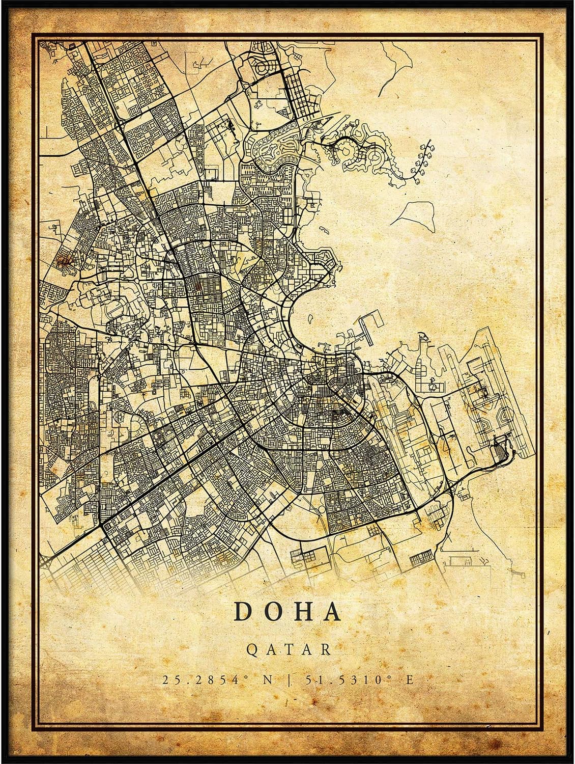 Doha map Vintage Style Poster Print | Old City Artwork Prints | Antique Style Home Decor | Qatar Wall Art Gift | Antique map Art 8.5x11