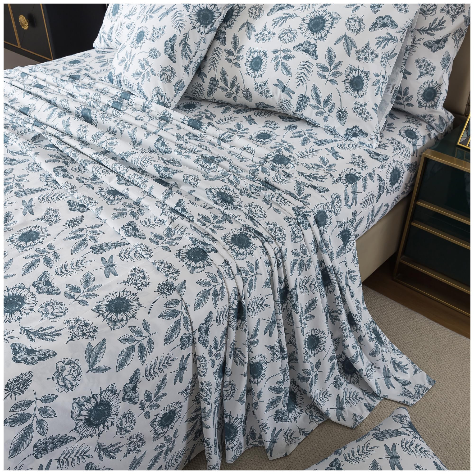 FADFAY Butterfly Sheets Set Twin XL Blue and White Sunflower College Bedding Rustic Rose Botanical Dorm Sheets Vintage Leaves Bedding 100% Cotton Sets with Deep Pocket Fitted Sheet 4Pcs, Twin XL Size