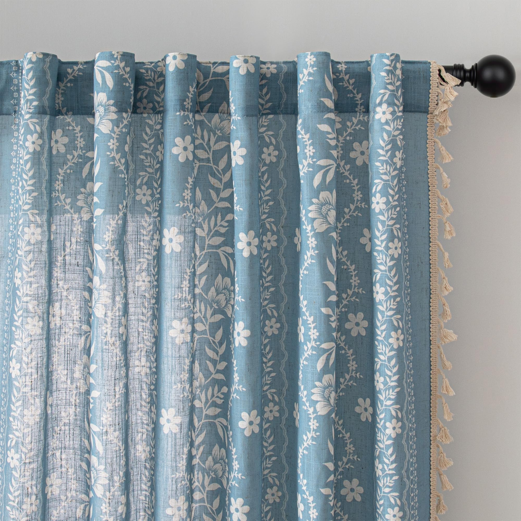 MYSKY HOME Boho Floral Curtains 63 Inch Length Linen Blend 2 Panels