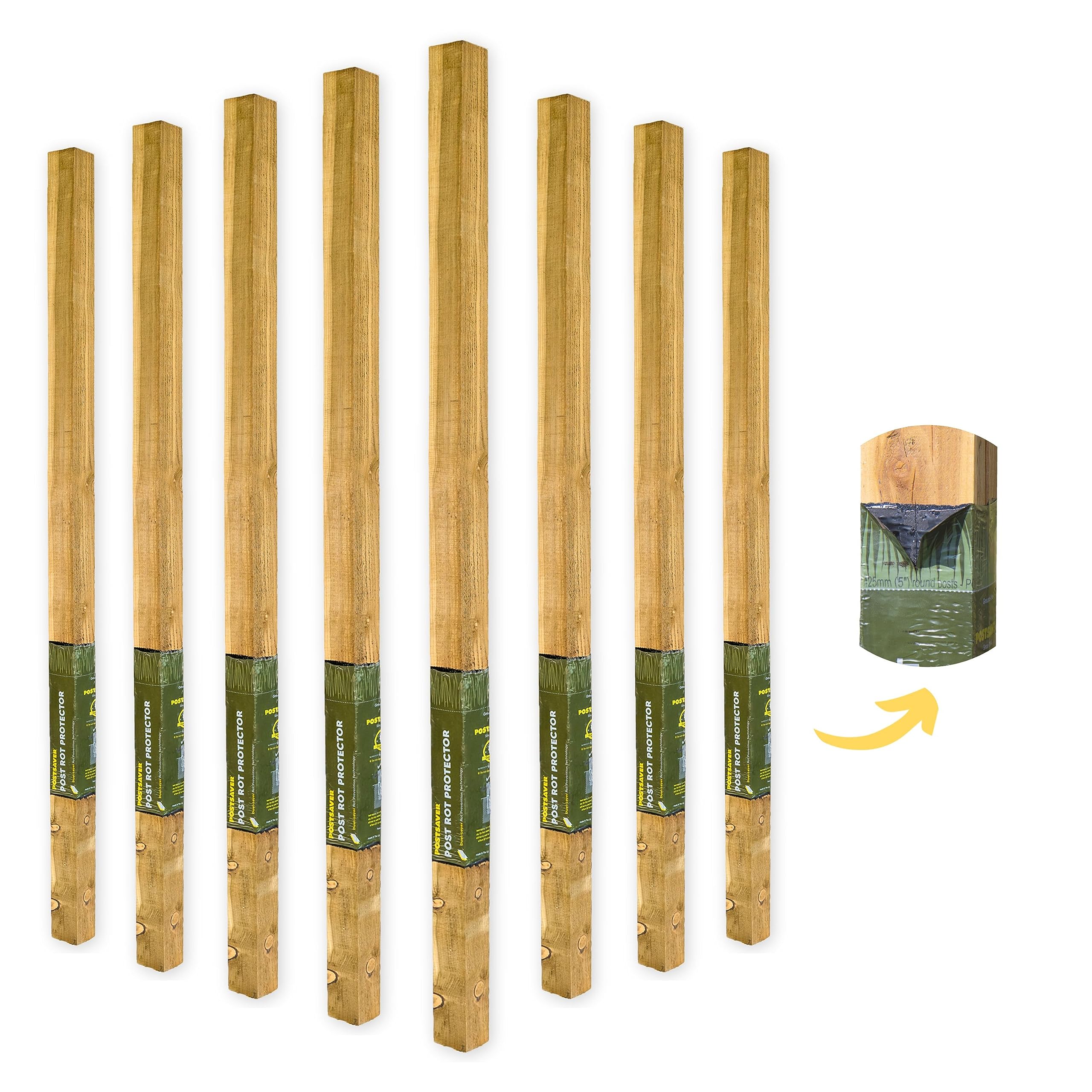 Postsaver Rot Protected Wood Fence Post 3x3" | Pressure-Treated Timber Post for Gardening | Decay-Protected with Postsaver Dual-Layer Rot Protector | 20-Year Guarantee | Pack of 8 | 8 Ft. Long โ image 1