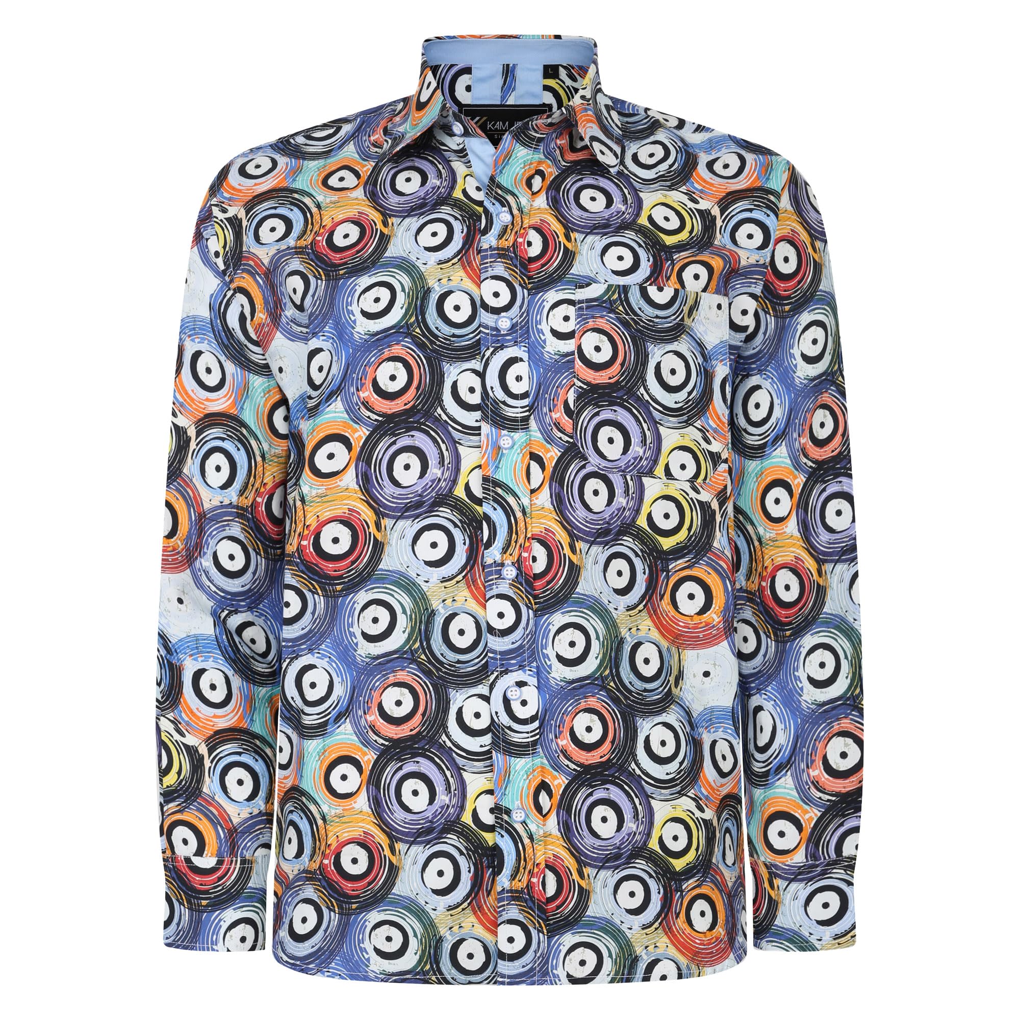Kam Men's Multicoloured Record Print Shirt Long Sleeve Button Up Collared Casual Plus Size 2XL-8Xl 6049Ls (Uk, Alpha, 3XL, Plus, Regular)