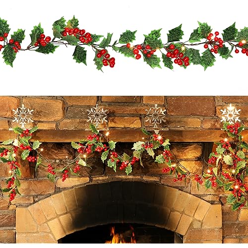 ATDAWN 9 FT Red Berry Christmas Lighted Garland, Battery Operated Christmas Garland with Lights, Flexible Artificial Garland for Indoor Fireplace Christmas Holiday New Year Decoration, 2 Pack