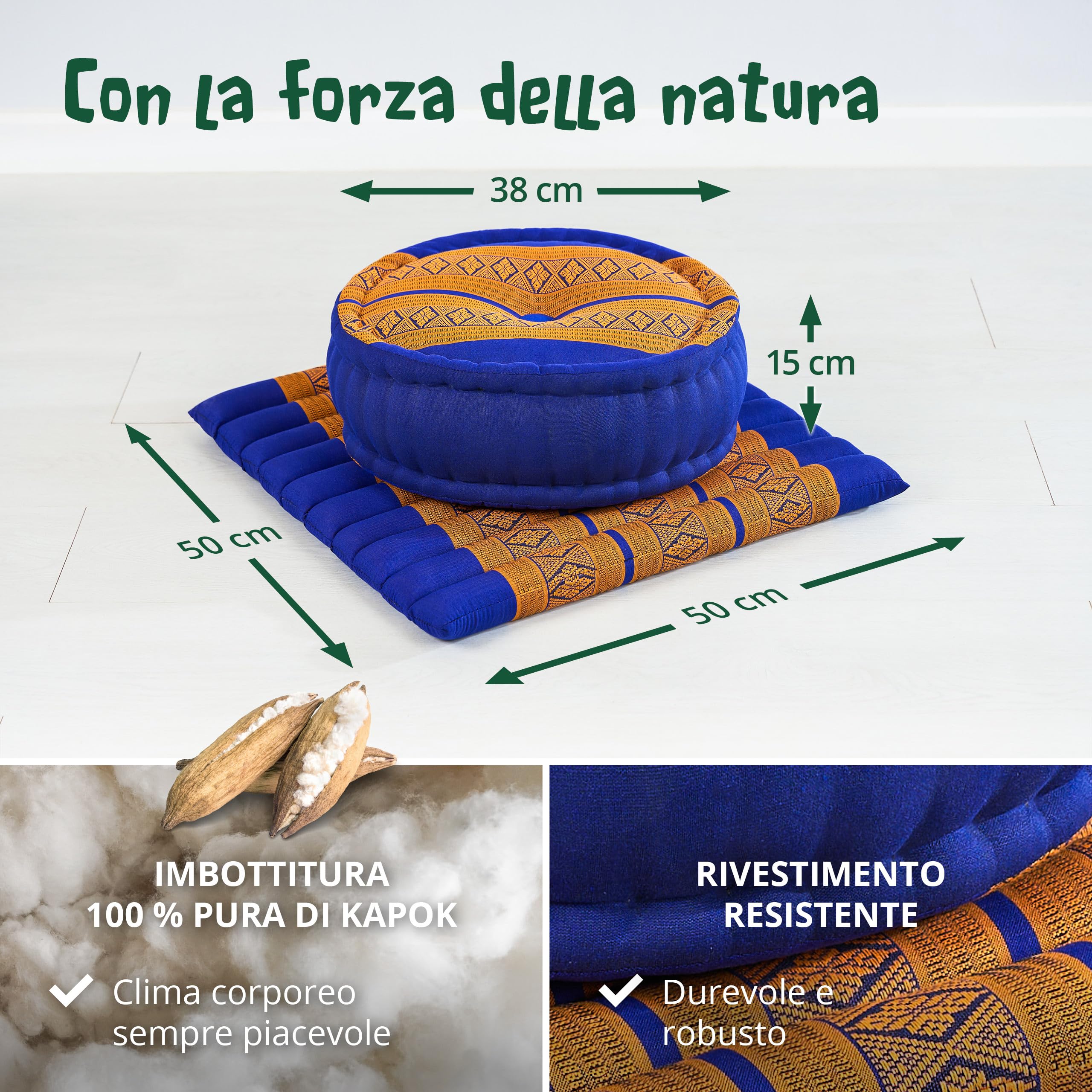 livasia Set Meditazione L - Ø 38x15cm/tappetino 50x50x4,5cm - Set Yoga con Cuscino e Tappetino, Pouf, Tappetino e Cuscino Yoga Fatto a Mano con kapok, Cuscino Pavimento, Cuscino zafu (Blu/Giallo)