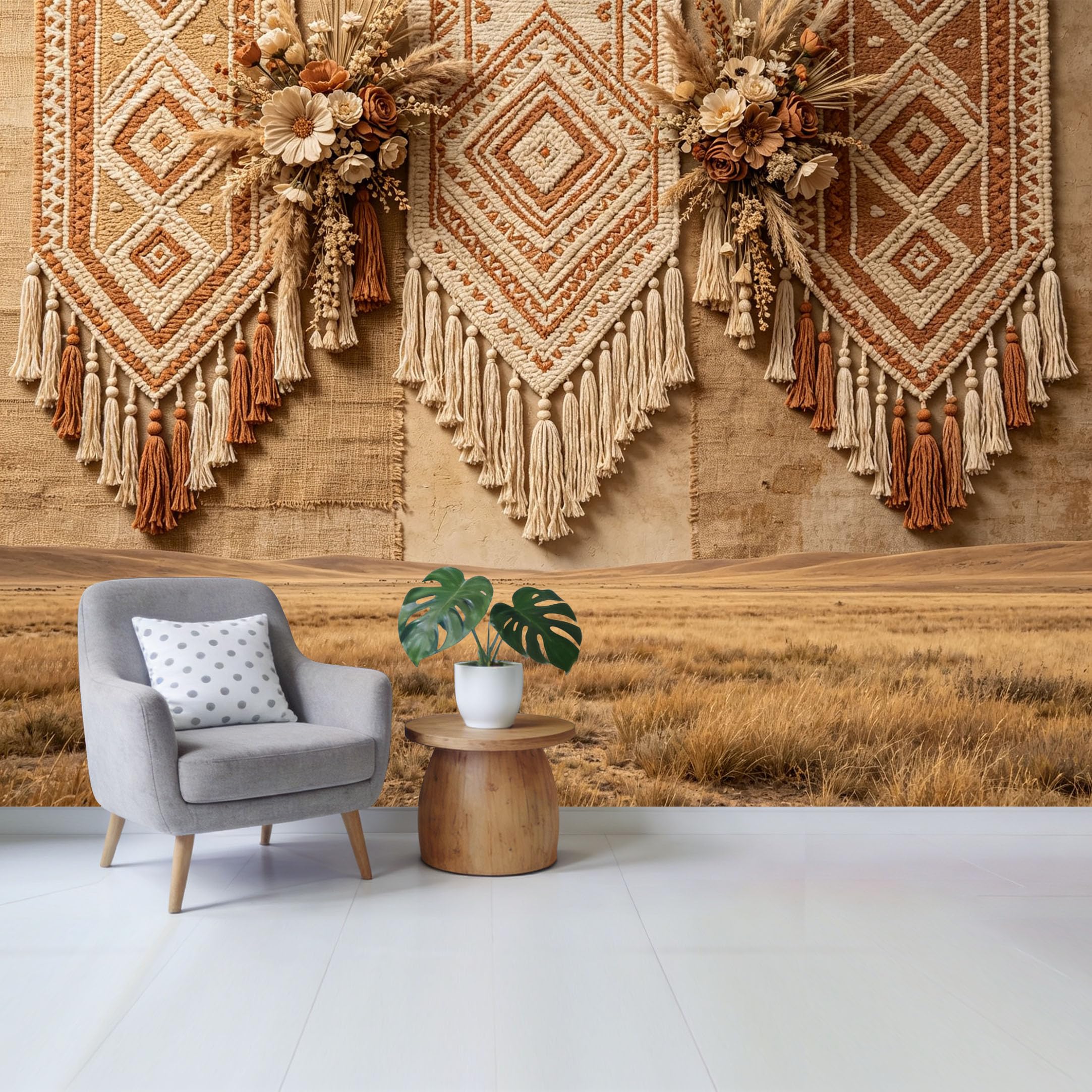 Qzlithotic Yq2605250394 Custom Size Wall Mural Bohemian Macrame Tapestry Desert Landscape Textured Fabric Art Selfadhesive Wall Fabric Removable Wallpaper For Home Office Decor