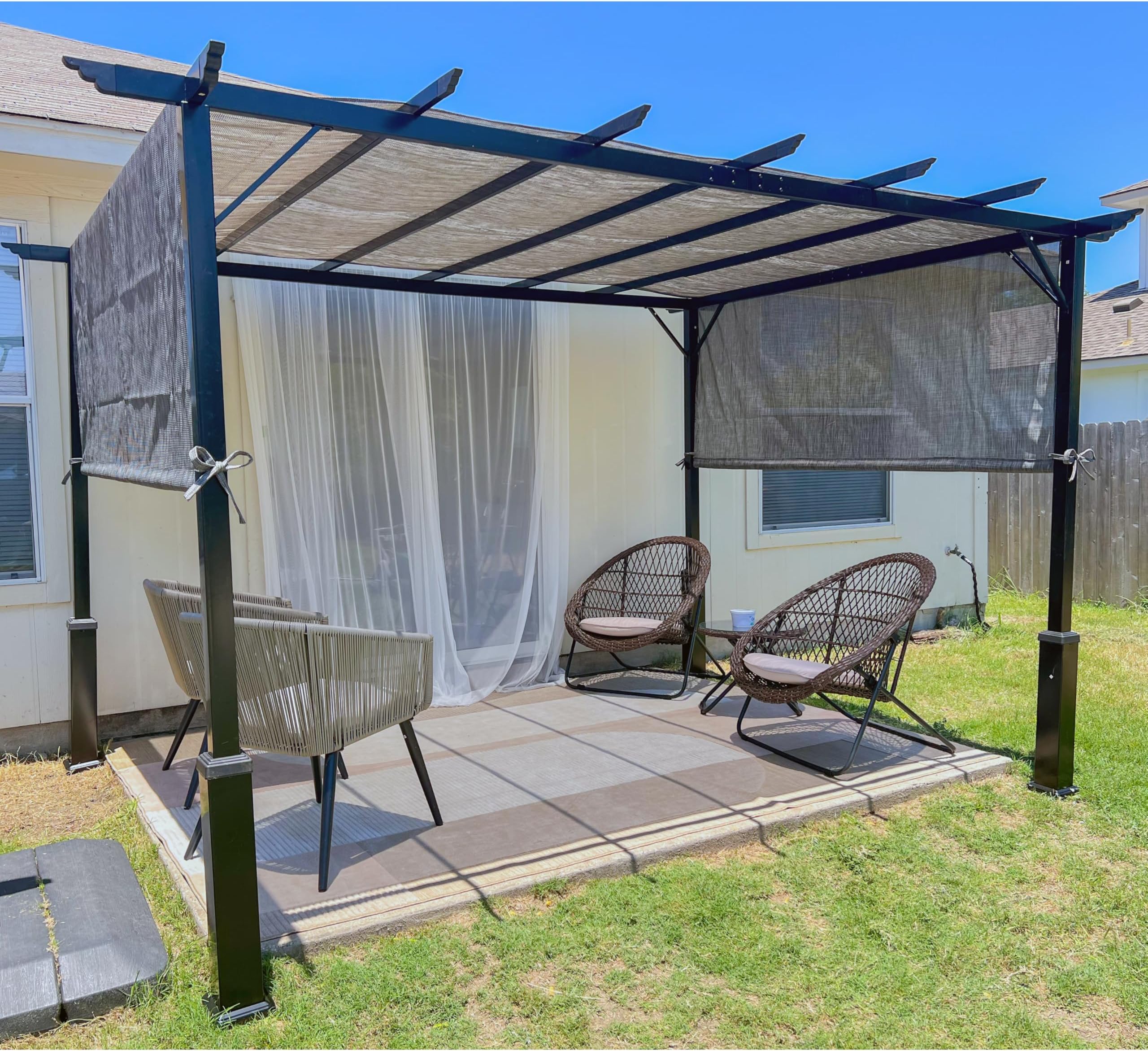 Backyard Expressions 12 x 9 Metal Flat Top Pergola with Adjustable Grey Sling Top