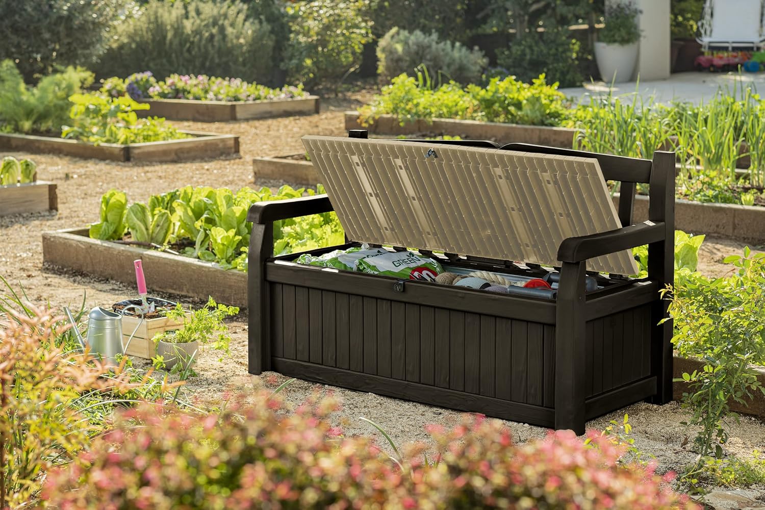 Keter Eden 70 Gallon Storage Bench Deck Box for Patio Furniture, Front Porch Decor and Outdoor Seating – Perfect to Store Garden Tools and Pool Toys,Brown / Brown : Outdoor Storage Benches : Patio, Lawn & Garden