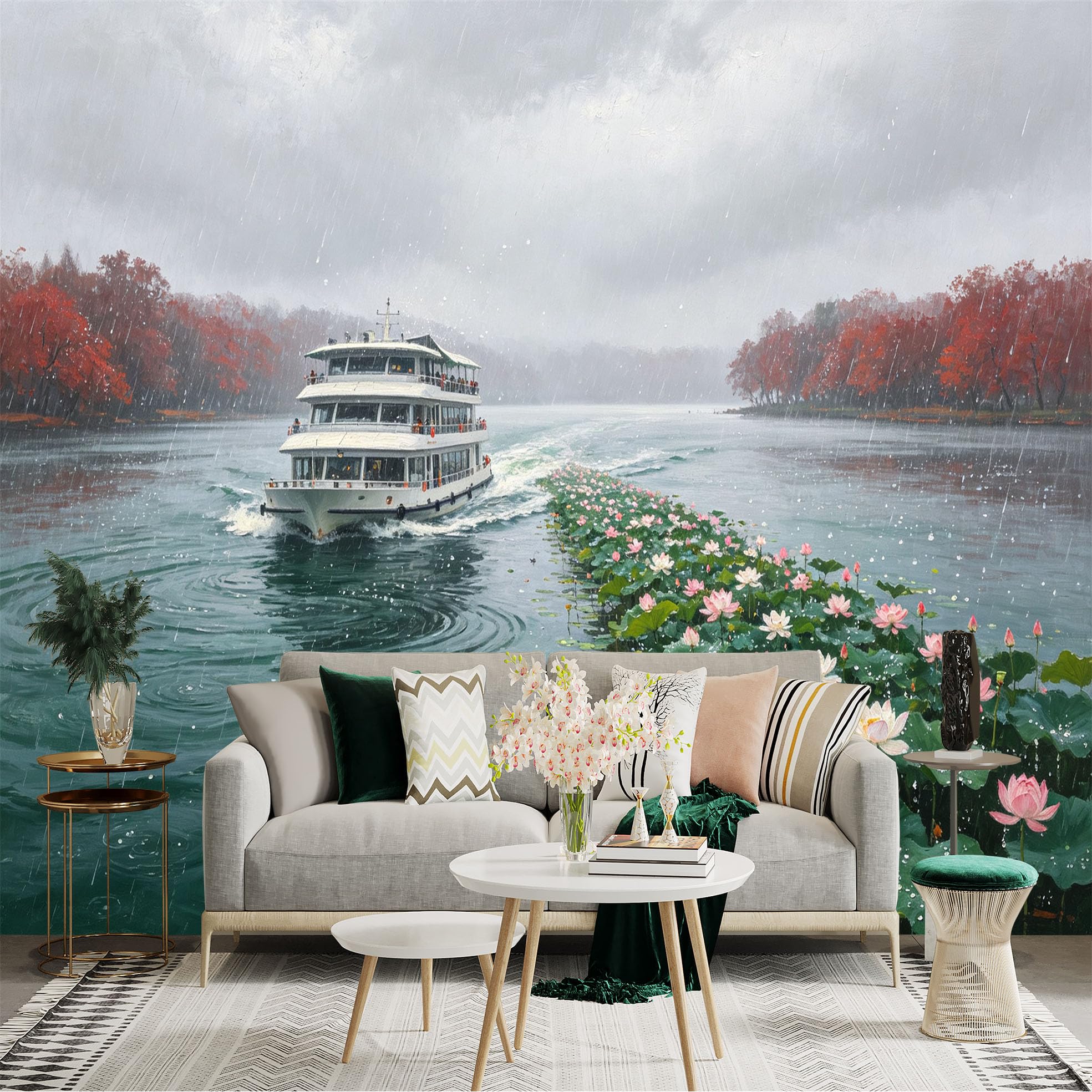 Custom Size Wall Sticker Mural， Cruise Ship on Lake， Rainy Day Scenery， Pink Lotus Flowers， Ducks Swimming， for wall Decoration， peelandstick wall Decals.