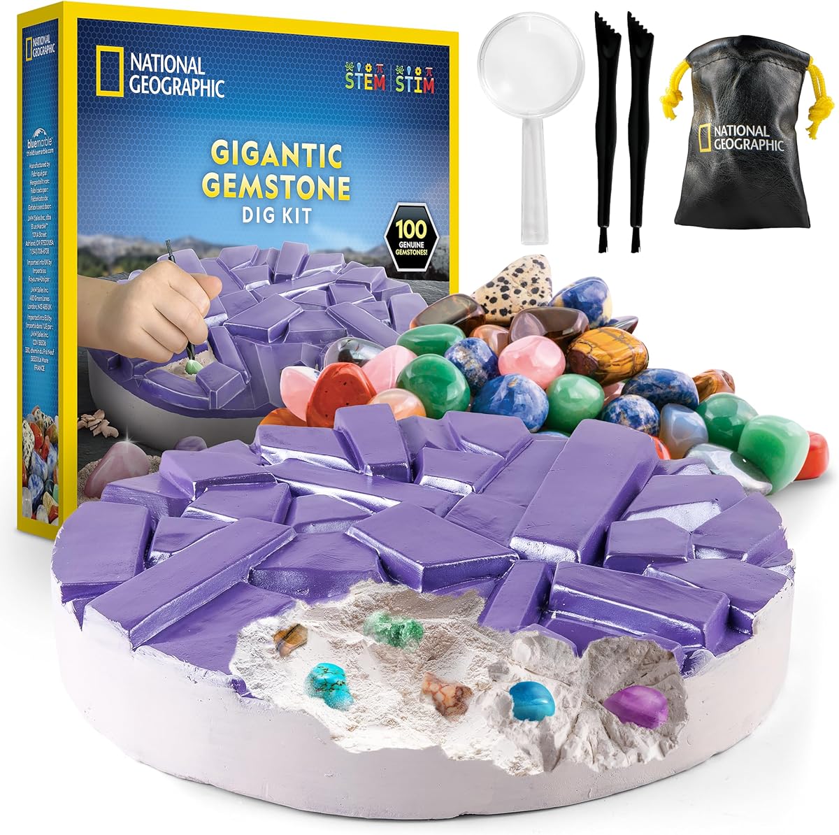 Kit de excavación de piedras preciosas gigantes de National Geographic con 100 gemas reales | Ladrillo de excavación gigante, cuarzo amatista y ojo de tigre, actividad minera de gemas, herramientas de excavación, lupa, regalo de cumpleaños