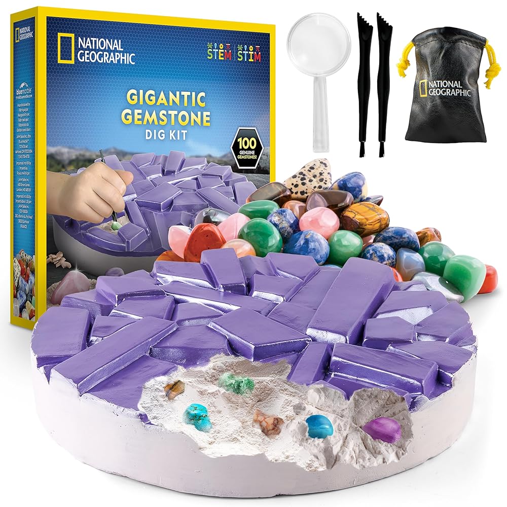National Geographic Gigantic Gemstone Dig Kit - Excavate 100 Real Gems from a Giant Dig Brick, Gem Mining Kit for Kids, STEM Rock Collection Activity, Includes Tools & Learning Guide
