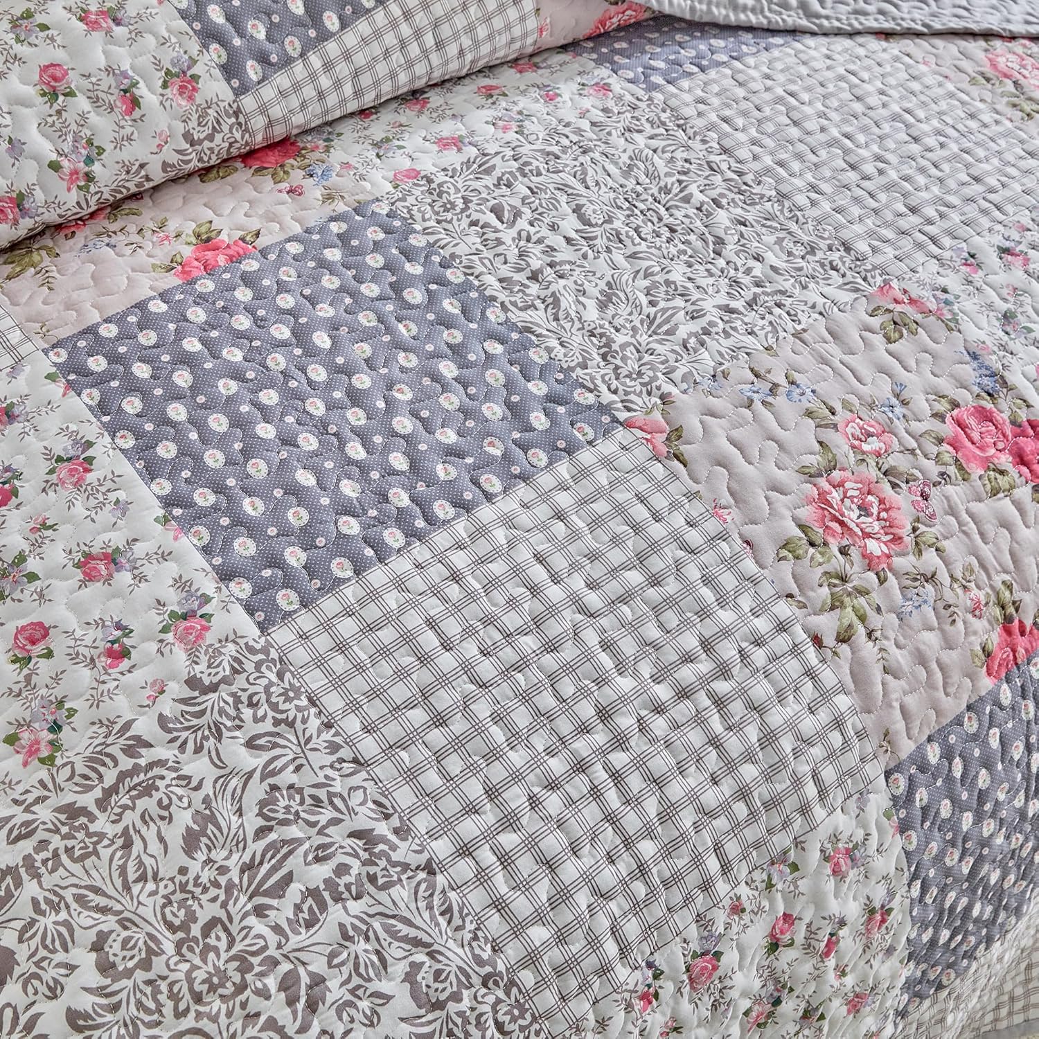 Joyreap Floral Cotton Quilt Set, Neutral Flowers Grid Patchwork Design, 3 Pieces Queen Size Quilt Bedding Set, Farmhouse Countryside Bedspread Bed Cover for All Season- 90x90 inches - Image 7