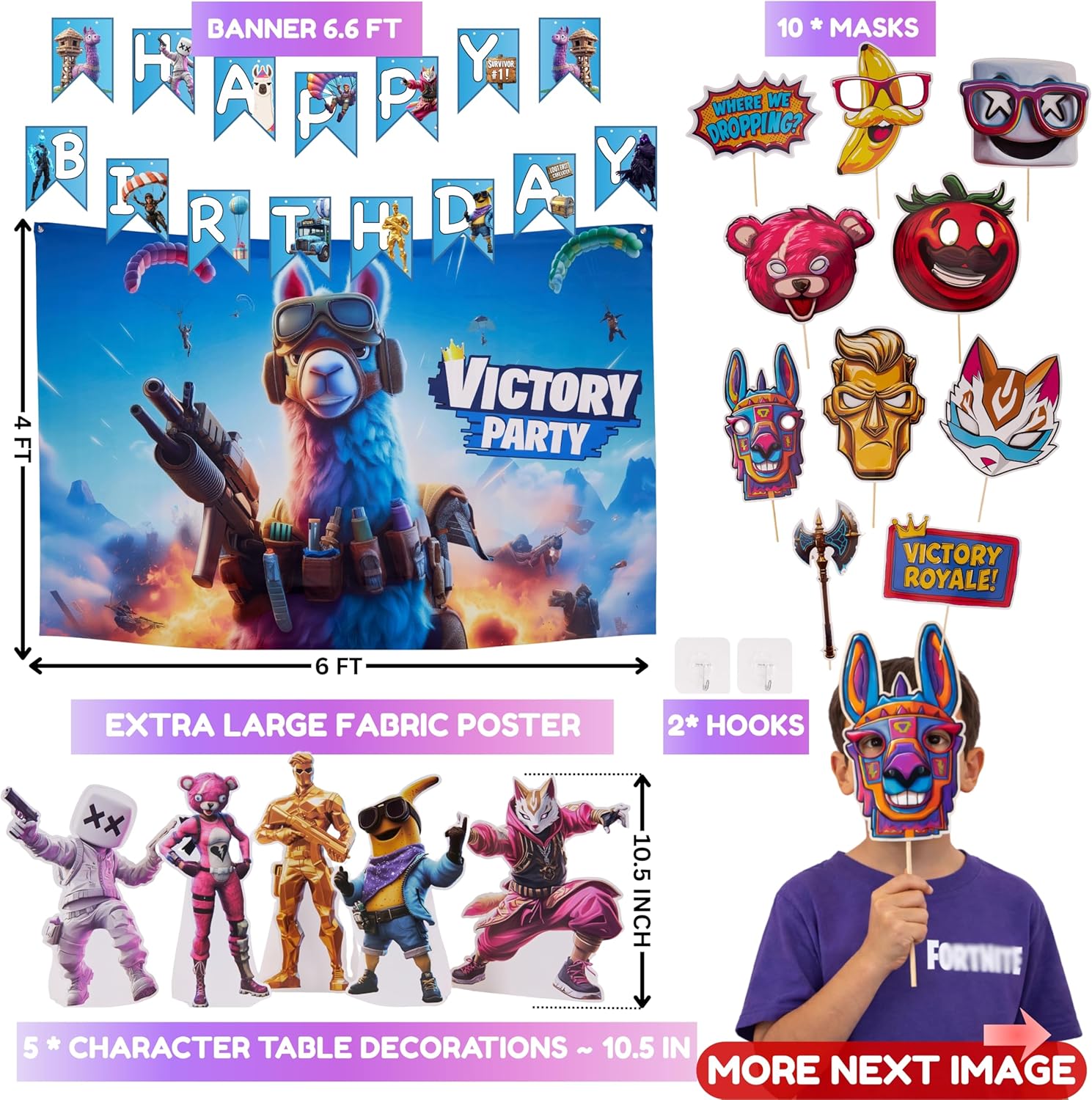 Premium Video Game Birthday Party Decorations Set, 130+ PCS Gamer Theme with Fabric Wall Poster, Balloons, Cake Toppers, Banner, Masks & Table Decor - Image 3