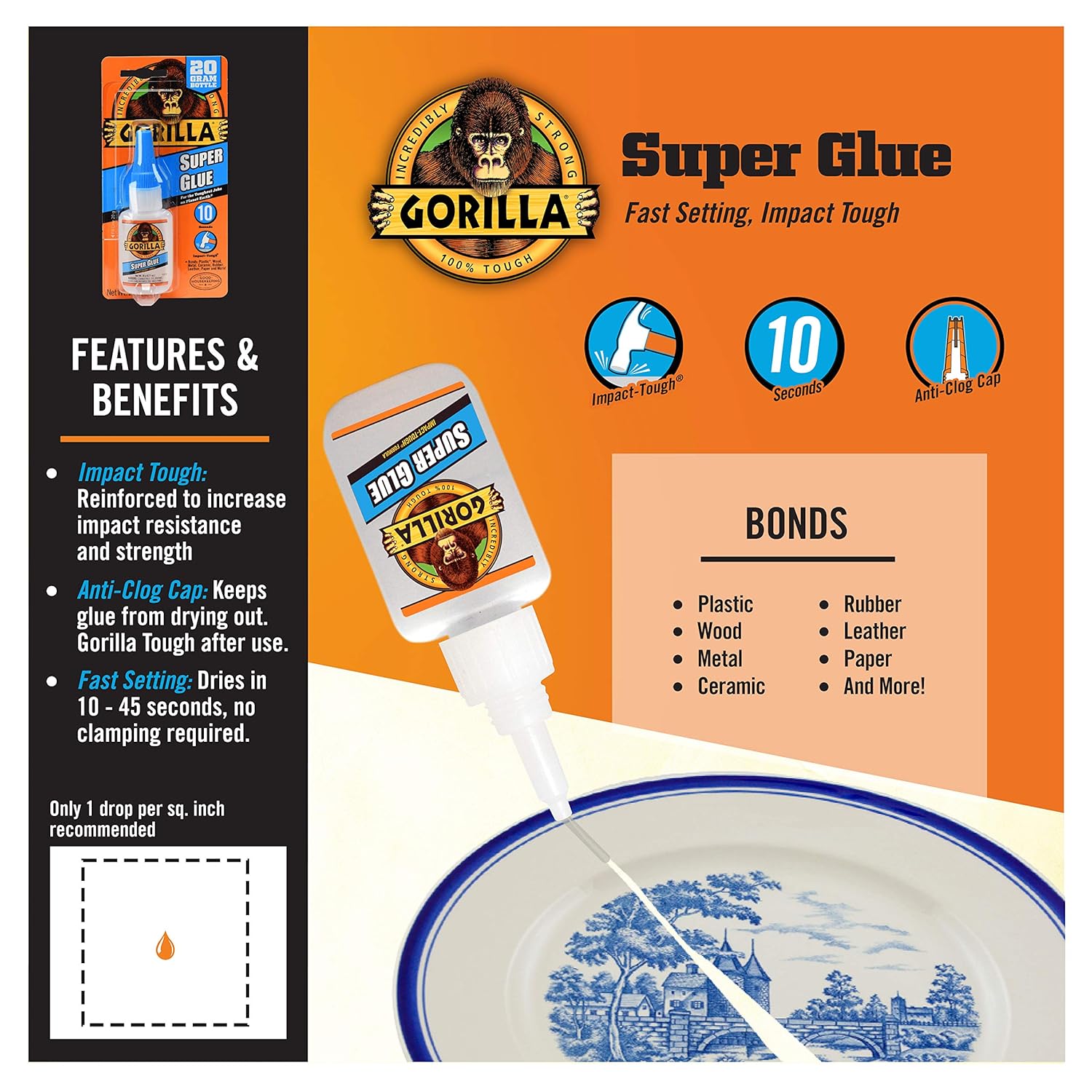 Gorilla Super Glue, Clear Glue, 20 Gram (Pack of 10) - All Purpose and Fast Setting for Projects and Repairs