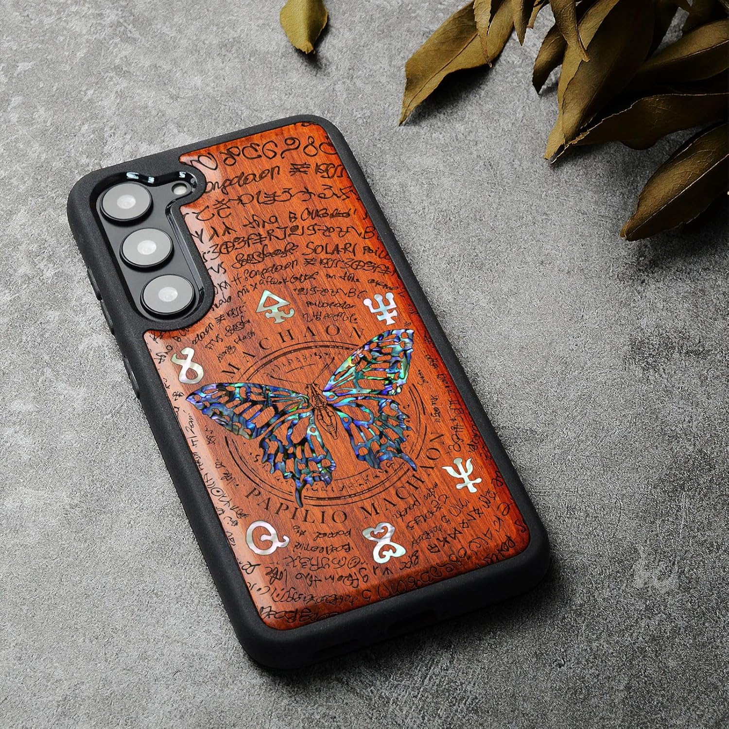 Carveit Designer Wooden Case for Samsung Galaxy S23 Cover [Wood Engraving & Shell Inlay] Compatible with Wireless Chargers Galaxy S23 Case (Papilio machaon-Rosy)