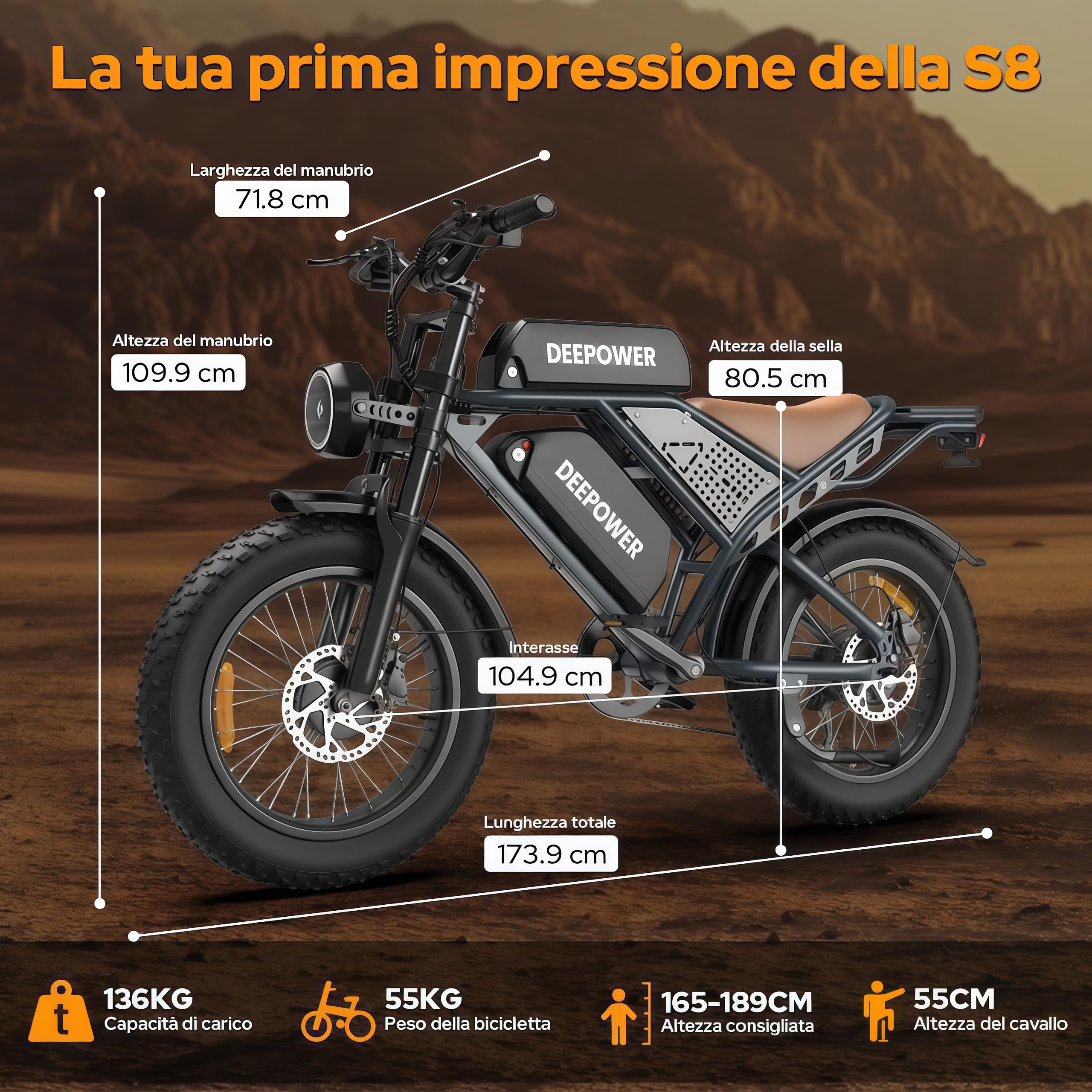 S8 Bici Elettrica 20 Pollici, Doppio Motore ad Alte Prestazioni, Doppia Batteria Rimovibile 48V 60Ah, Autonomia 120-250 KM, Sospensione Idraulica, Cambio Shimano 7 Velocità, E-Bike Uomo Donna