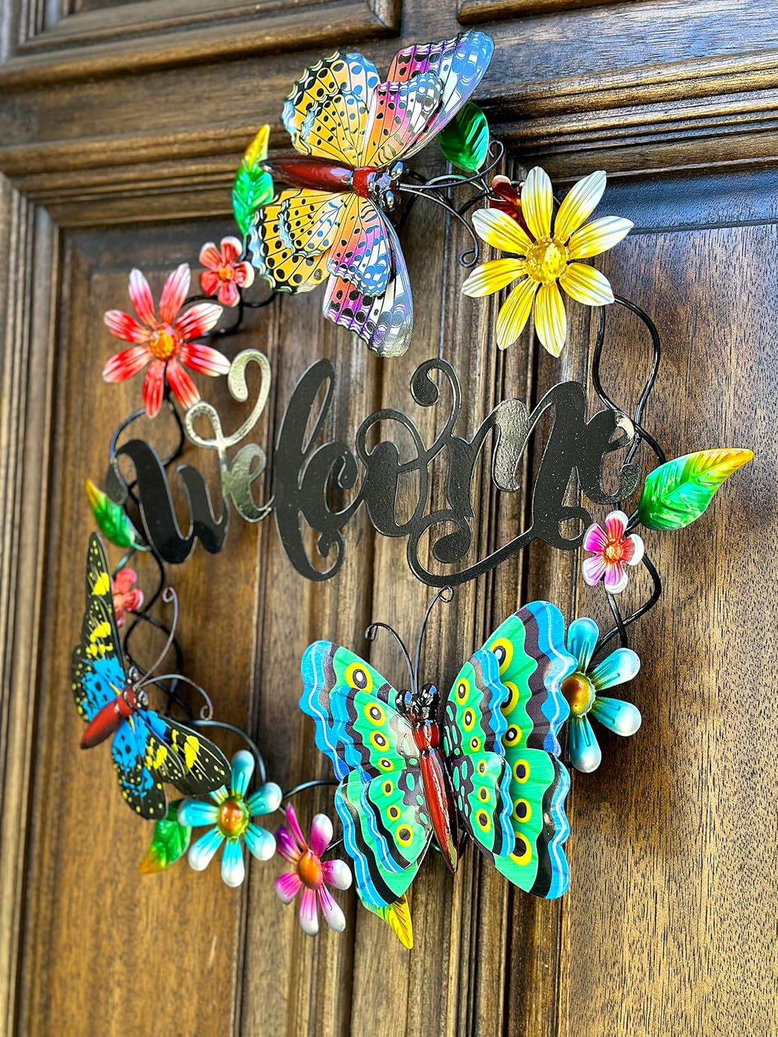 Welcome Butterfly 3D Metal Sign Wreath Large Wall Door Garden Indoor Outdoor Decor (20" D)