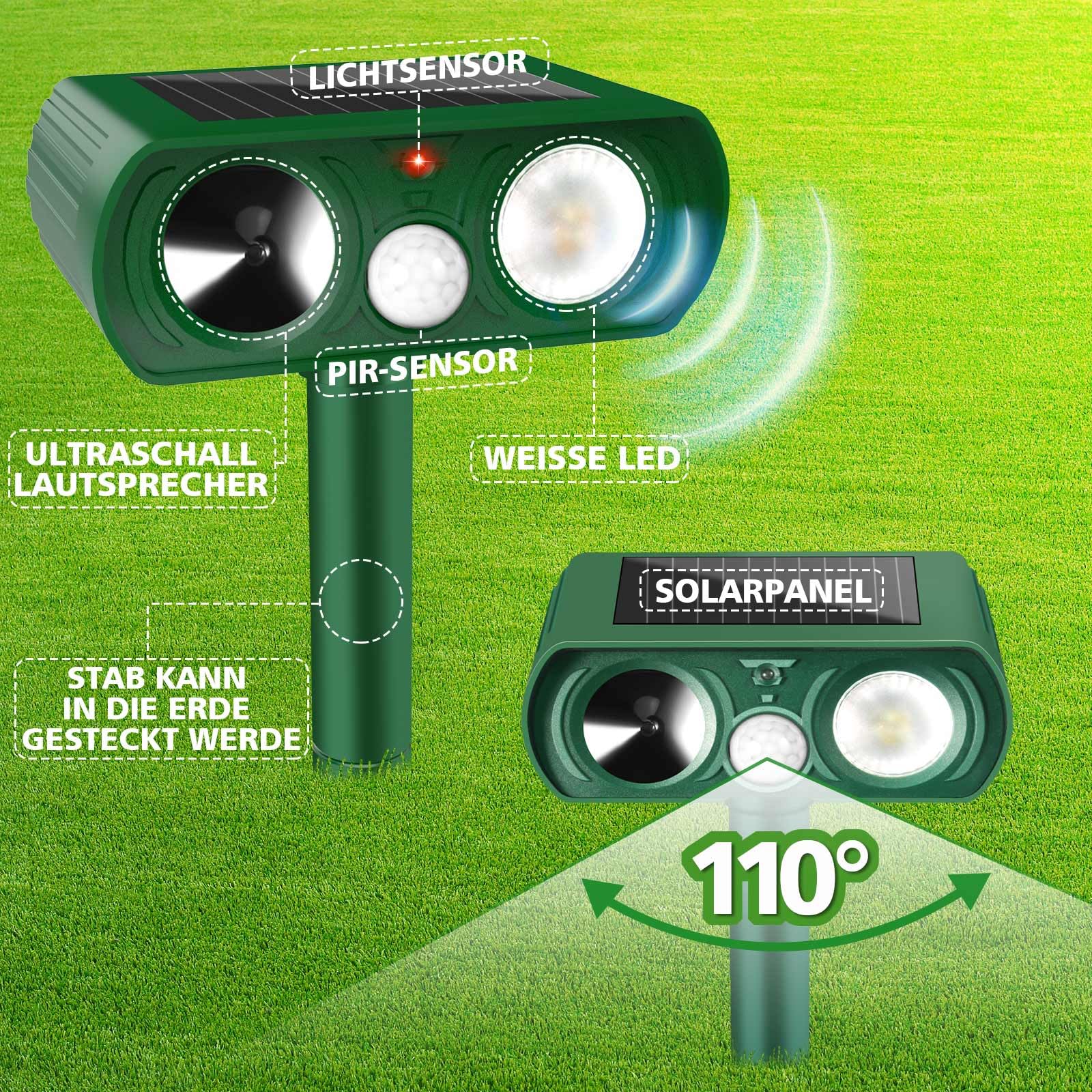 Spaventatore per gatti ad ultrasuoni, a energia solare, impermeabile, con sensore di movimento e luce lampeggiante, IP54, impermeabile, per giardino