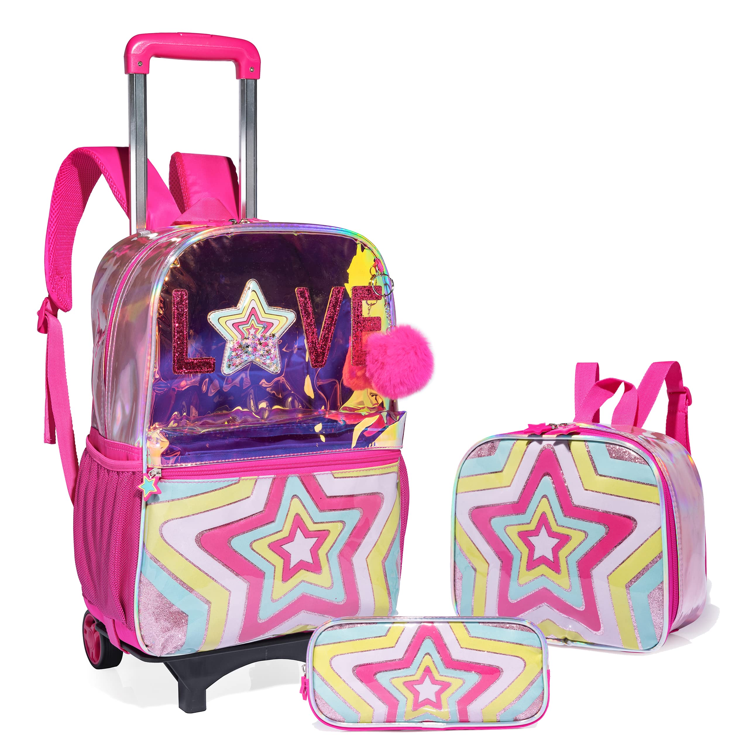 HTgroce3PCS Rolling Backpack for Girls, Kids Backpack with Roller Wheels, Suitcase School Bag Set for Toddler Elementary Rolling Backpack with Lunch Bag and Pencil Case Set