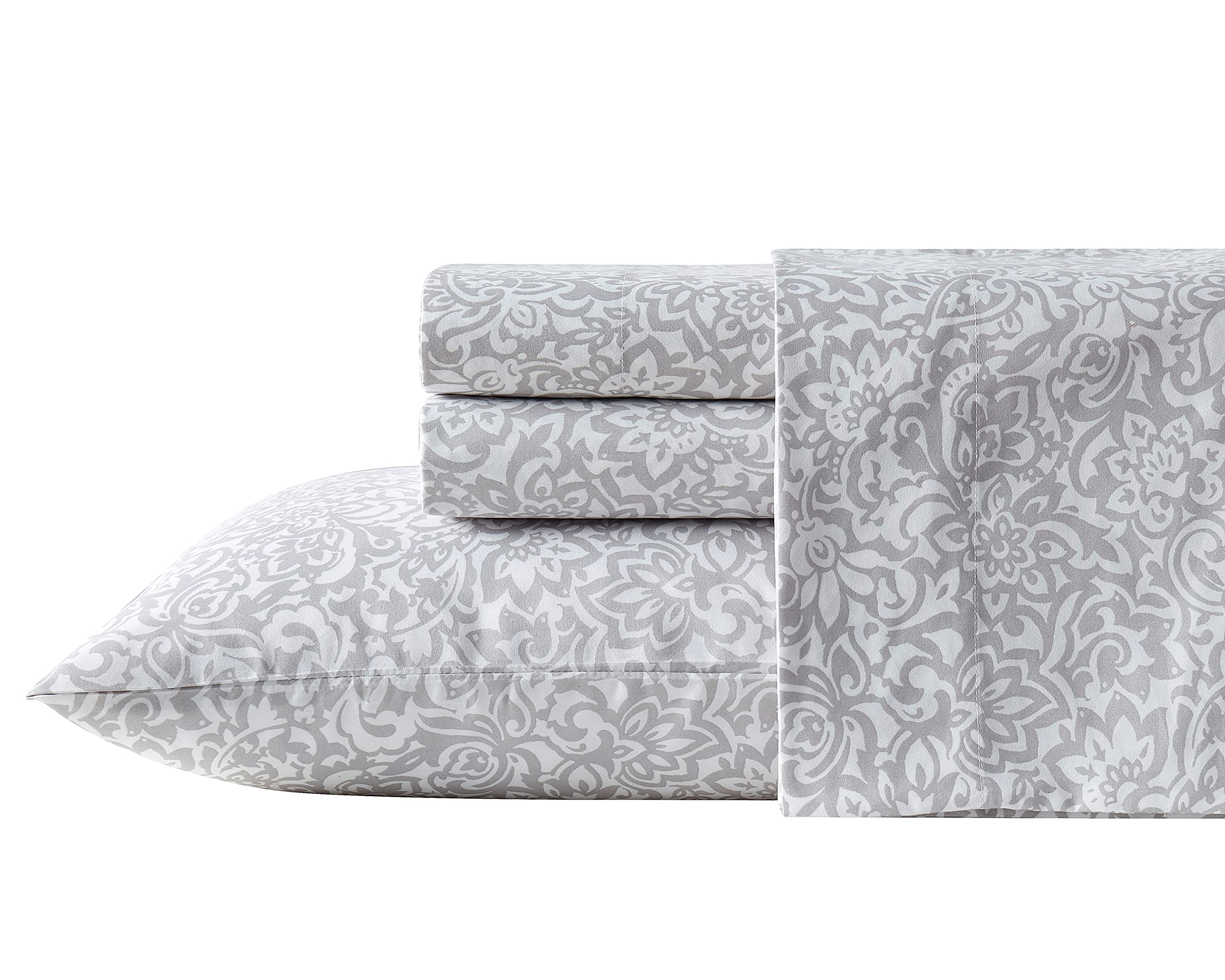 Indigo Ink - Queen Size Sheet Set, 4-Piece Boho Floral Damask Patterned Bedding, Soft & Wrinkle Resistant (Tufted Medallion Collection, Grey)