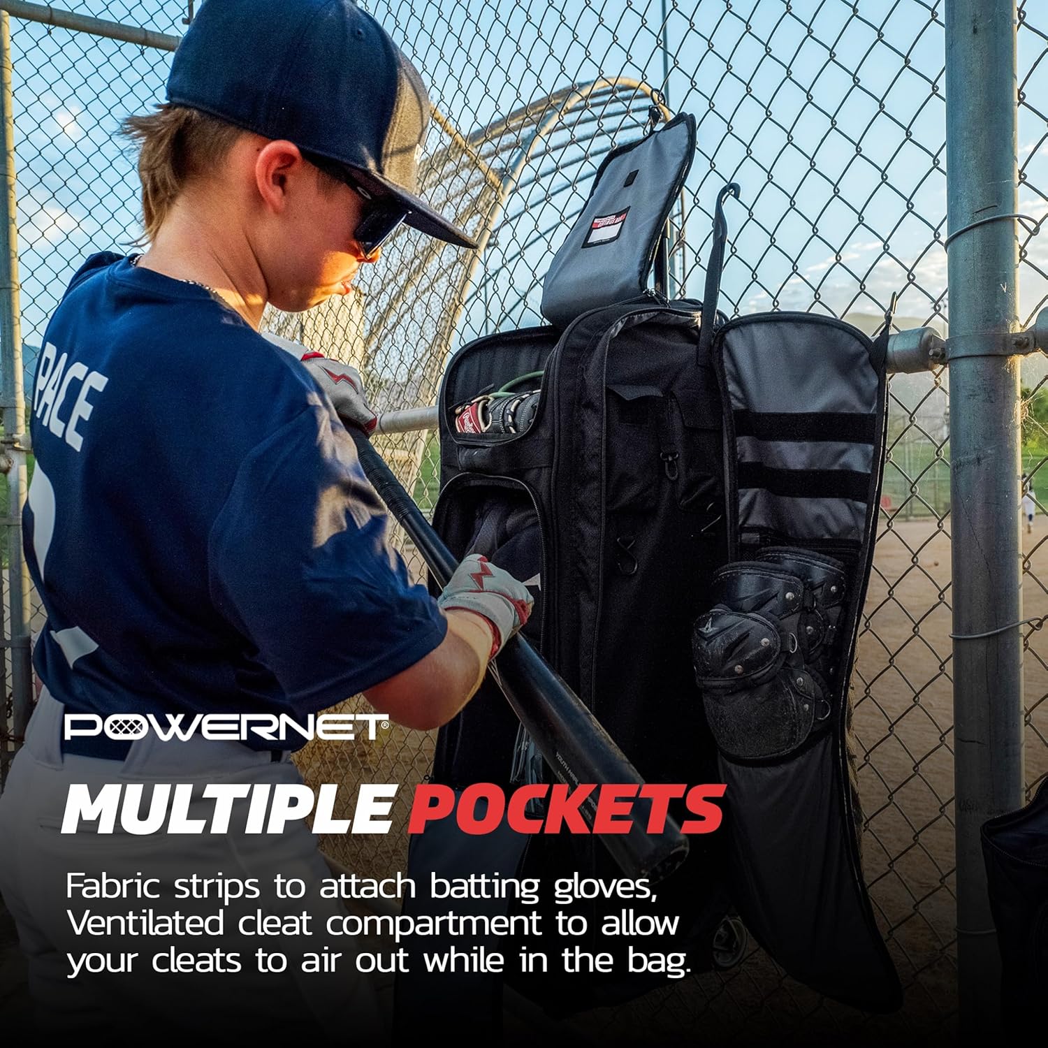 PowerNet Optimus Catcher's Bag, Rolling Equipment Bag Holds All Baseball & Softball Gear, 7 Internal Bat Sleeves, Cleat Compartment, Personalization Panel & Hooks - Image 7