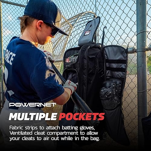 Miniatura 7 de PowerNet Optimus - Bolsa de receptor, bolsa de equipo rodante para todos los equipos de béisbol y sóftbol, 7 fundas internas para bate, 5 ganchos
