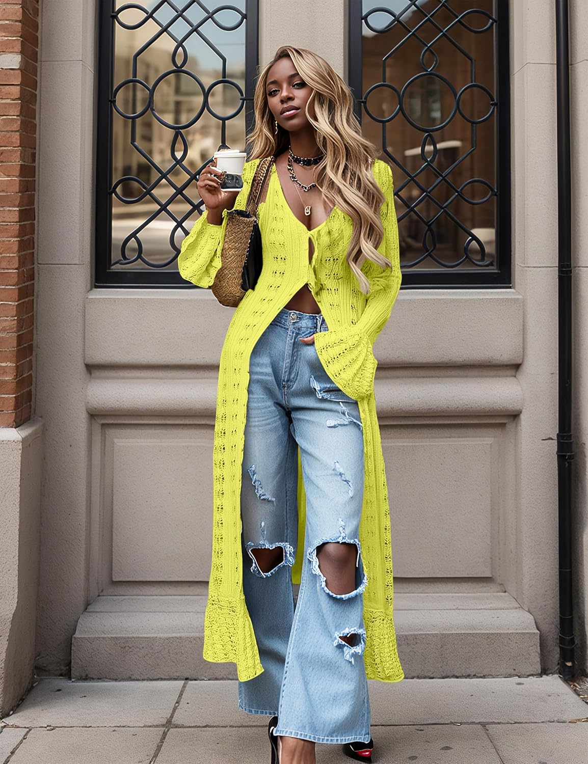 Cardigan Sweaters for Women Trendy Lightweight Crochet Long Duster Button Up Bell Long Sleeve Ruffle Knit Maxi Dress - Image 3