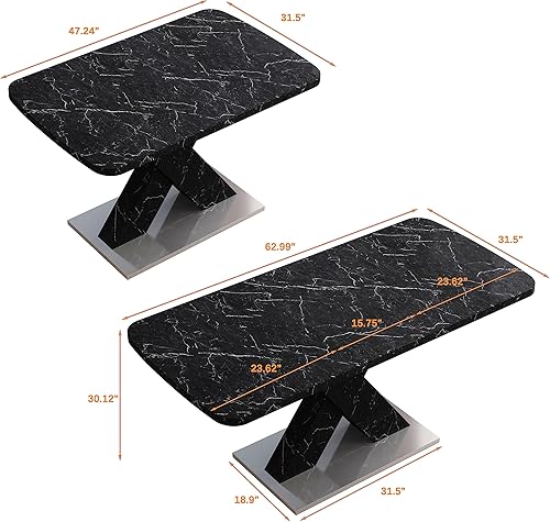 Miniatura 2 de Mesa de comedor cuadrada moderna, de 47.24 a 62.99 pulgadas de largo, elástica, con estampado de mármol negro + patas de mesa en forma de X de MDF