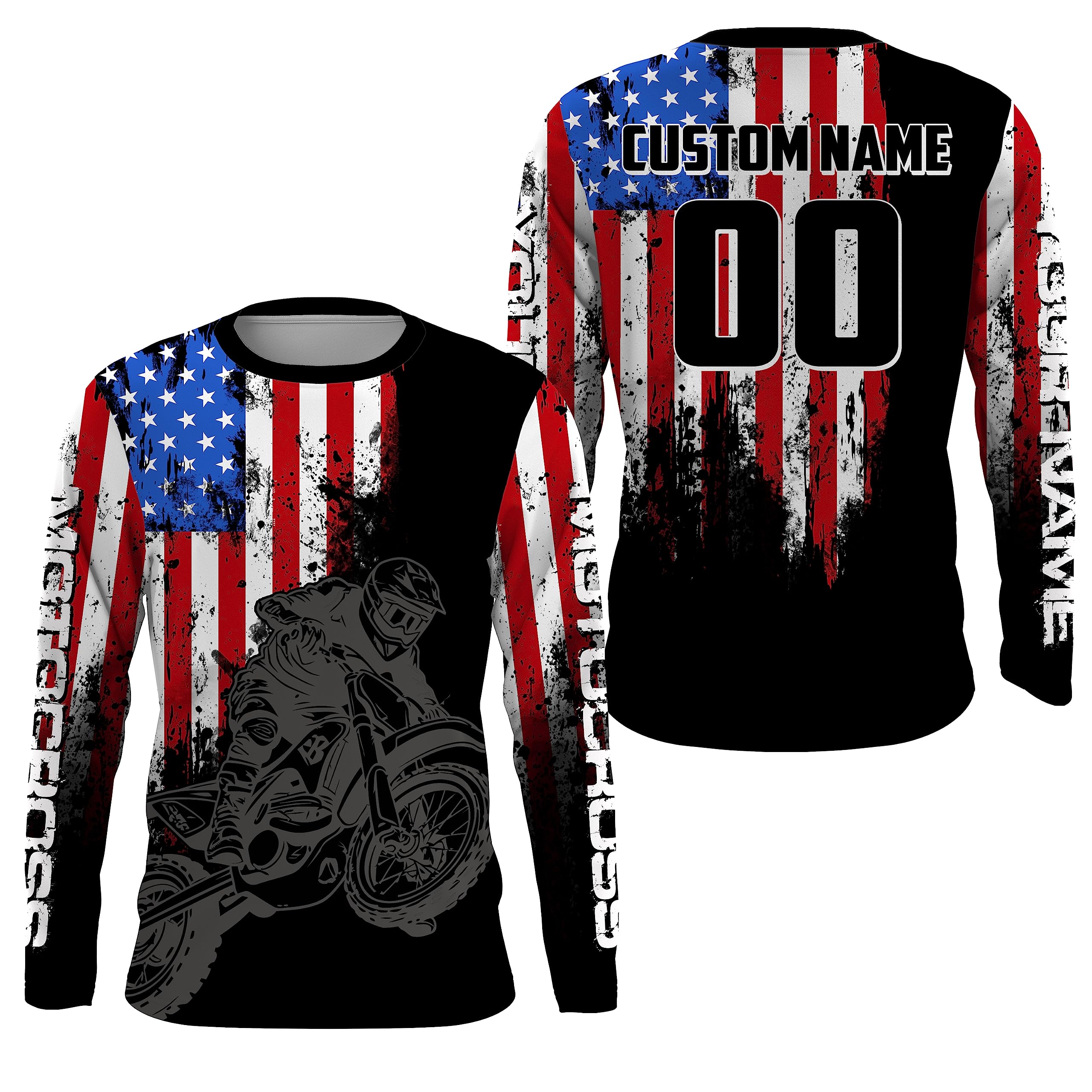 American Flag Motocross Jersey Men UPF30+ Custom Dirt Bike Shirt Women Kid Patriotic MX Racing Long Sleeve| XM75 (Adult Jersey)