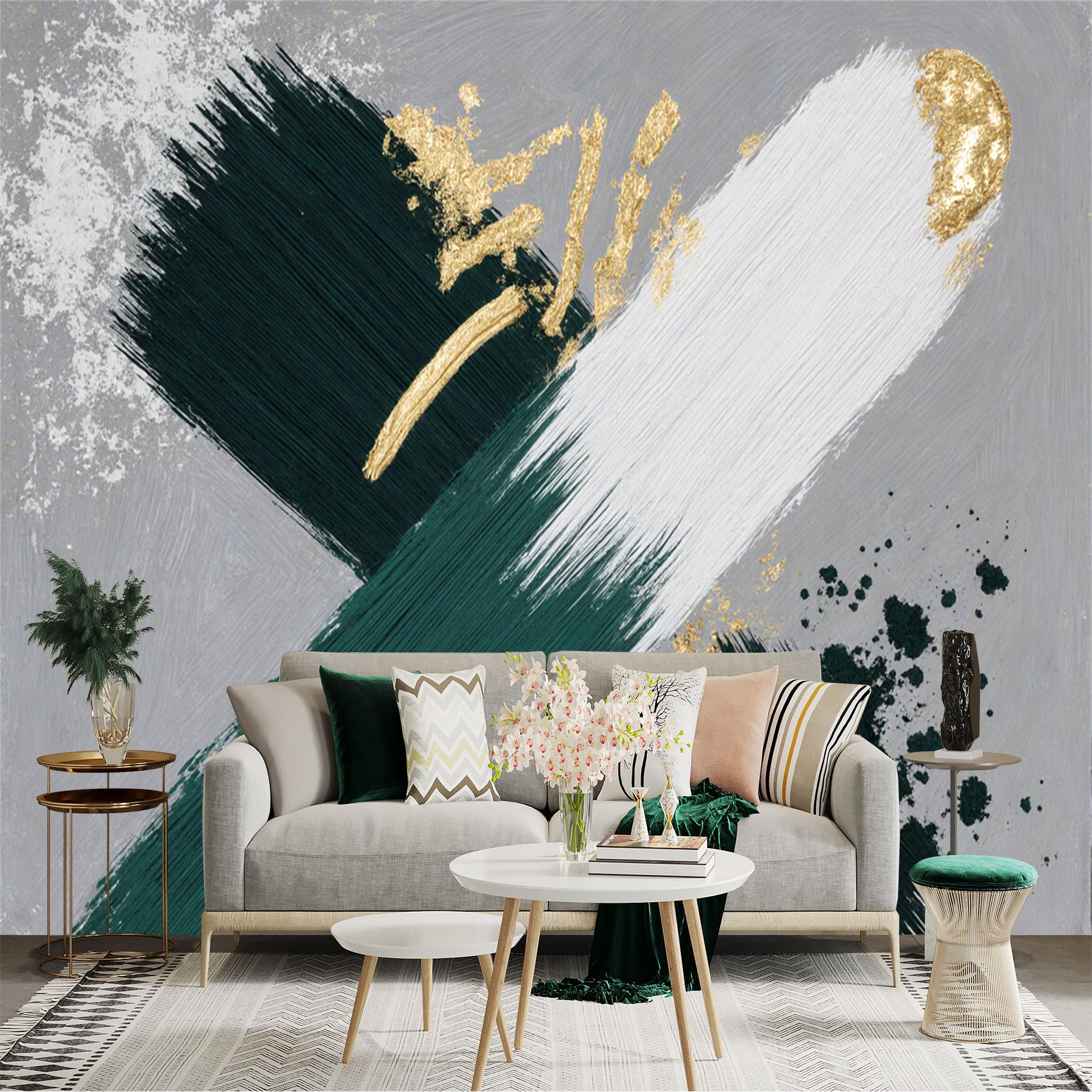 Custom Size Wall Sticker Mural， Modern Abstract Brush Strokes， Gold Foil Texture， Minimalist Grey and Green Paint， for wall Decoration， peelandstick wall Decals.