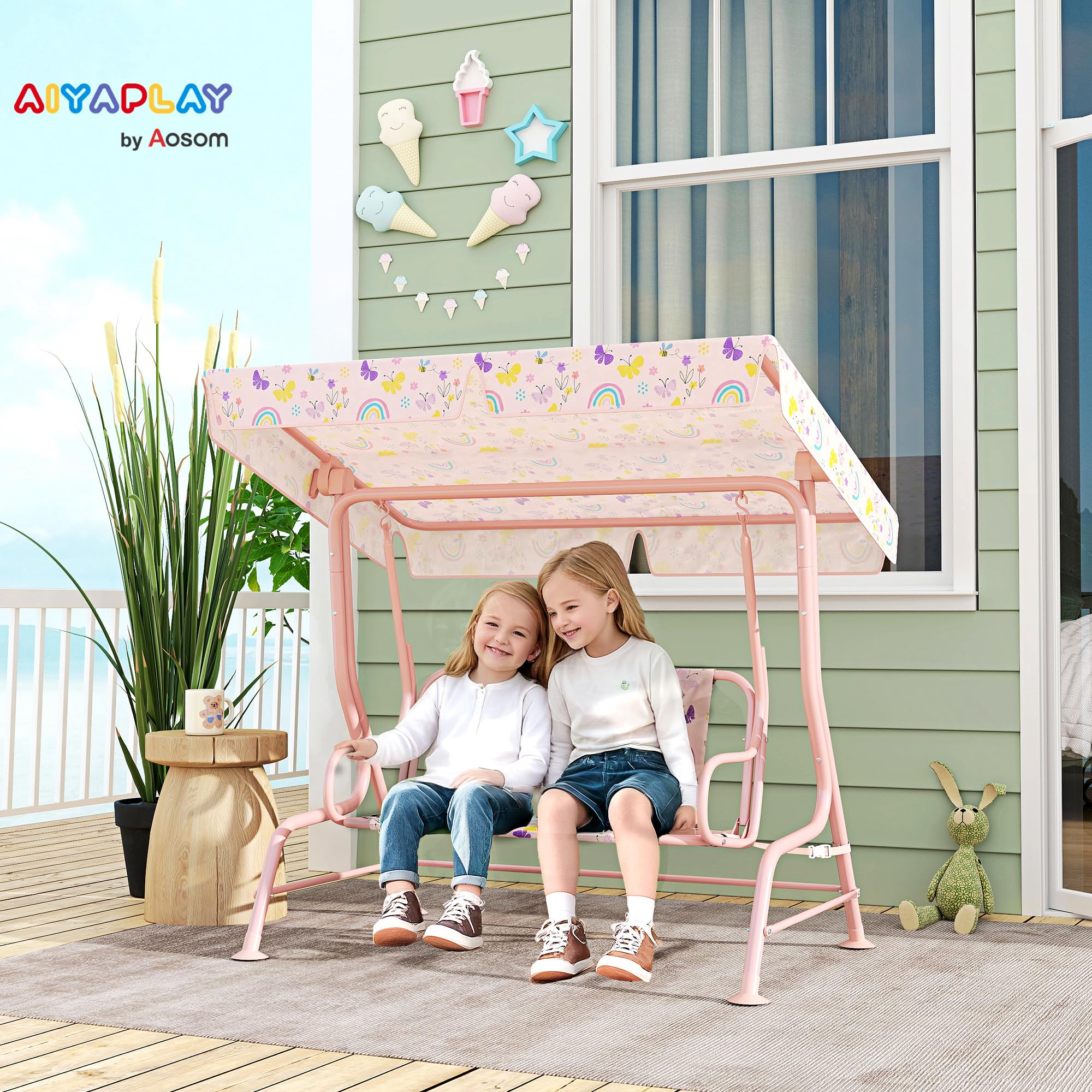 AIYAPLAY Dondolo per Bambini da Esterno a 2 Posti con Tettuccio Regolabile e Cinture di Sicurezza, Altalena Dondolo da Giardino e Interno in Acciaio e Oxford, Max 60 kg, 112x75x120 cm, Rosa