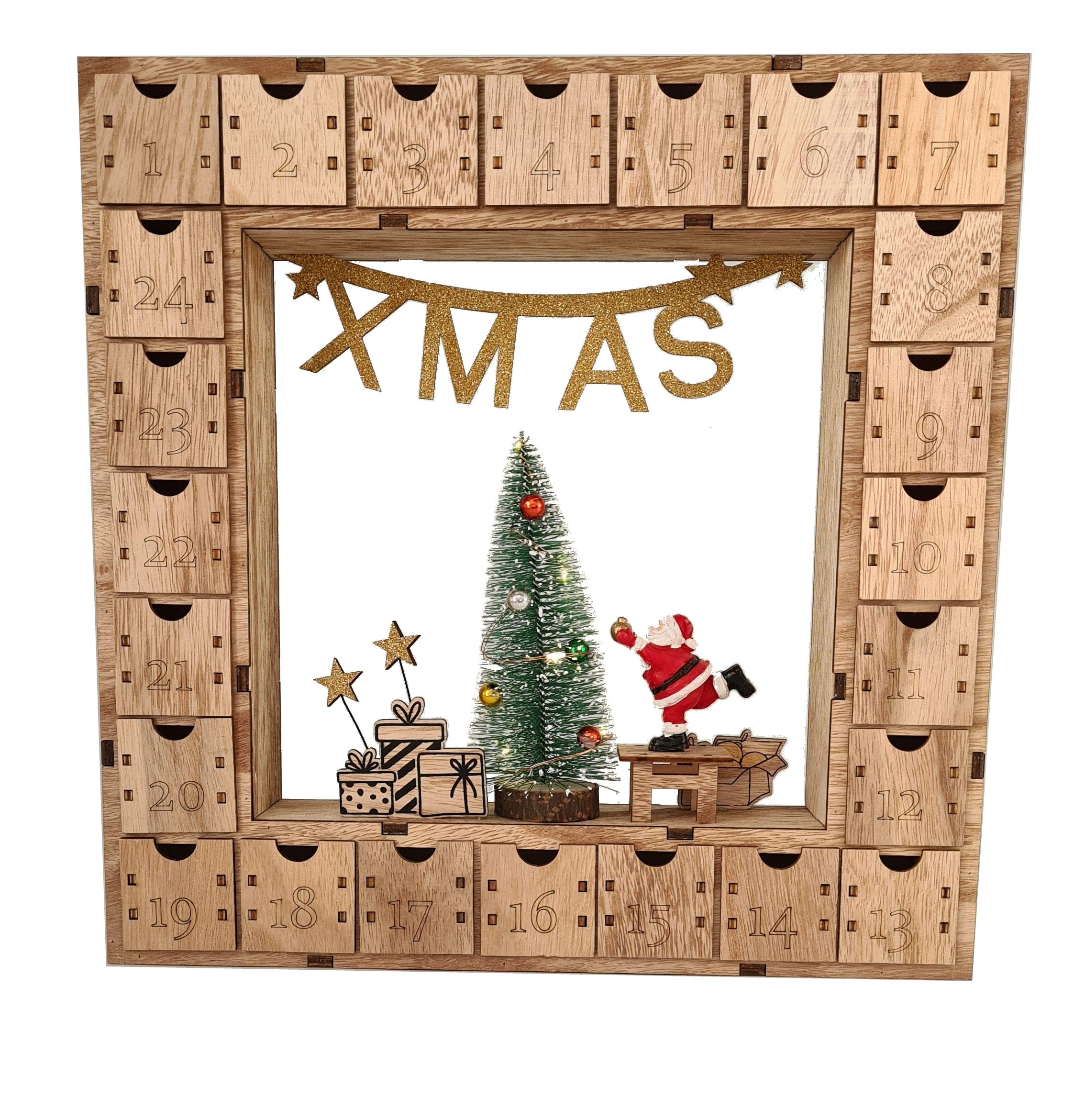 Wichtelstube-Kollektion Adventskalender Weihnachtsbaum Holz zum befüllen, wiederverwendbar, LED Beleuchtung ca. 35cm Weihnachtskalender mit Schubladen zum selbstbefüllen