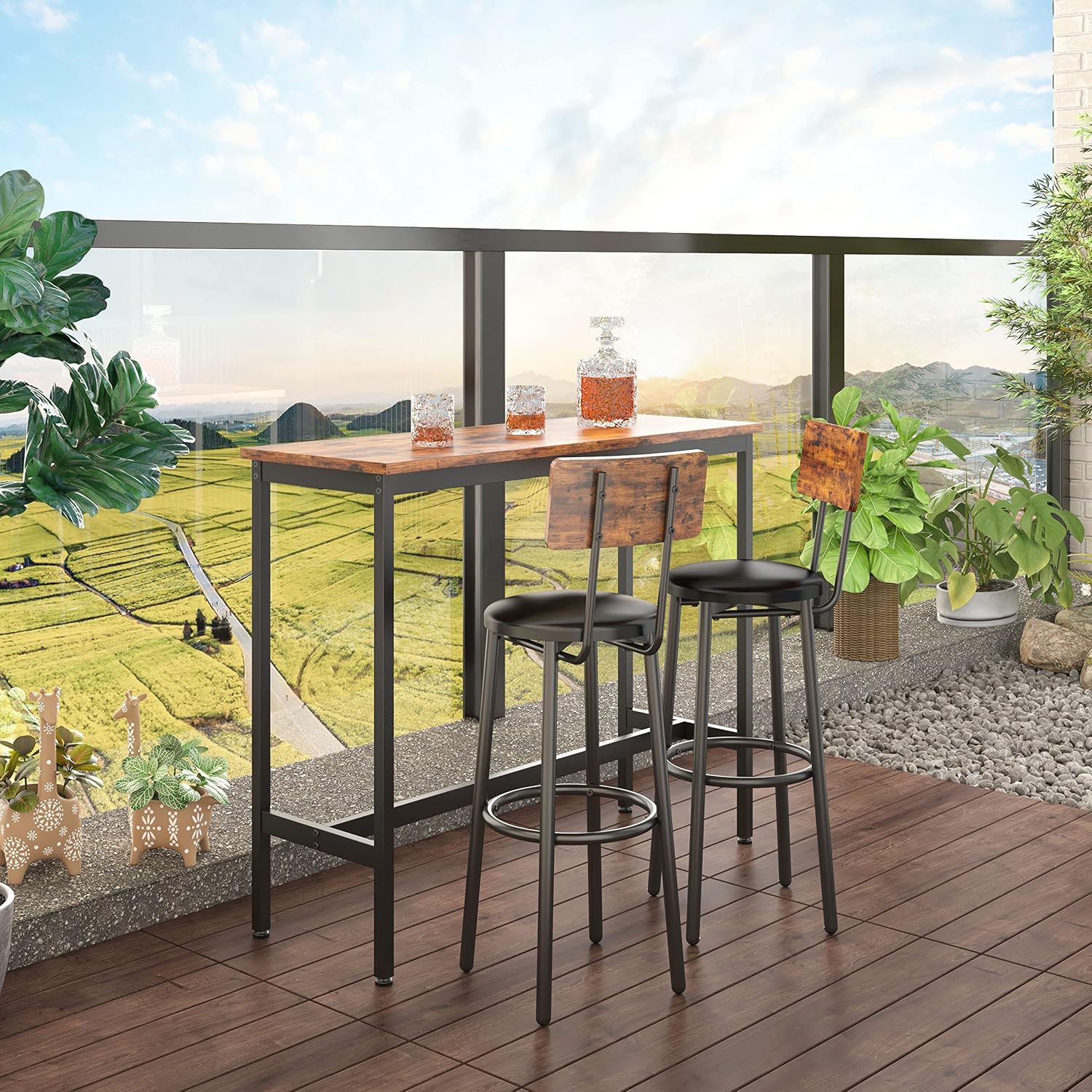 Bar Table Set for 2 with 2 PU Upholstered Stools, Pub Bistro Dinning Table and Stools with Backrest, Counter Height Bar Table Set for Apartment, Kitchen, Small Space