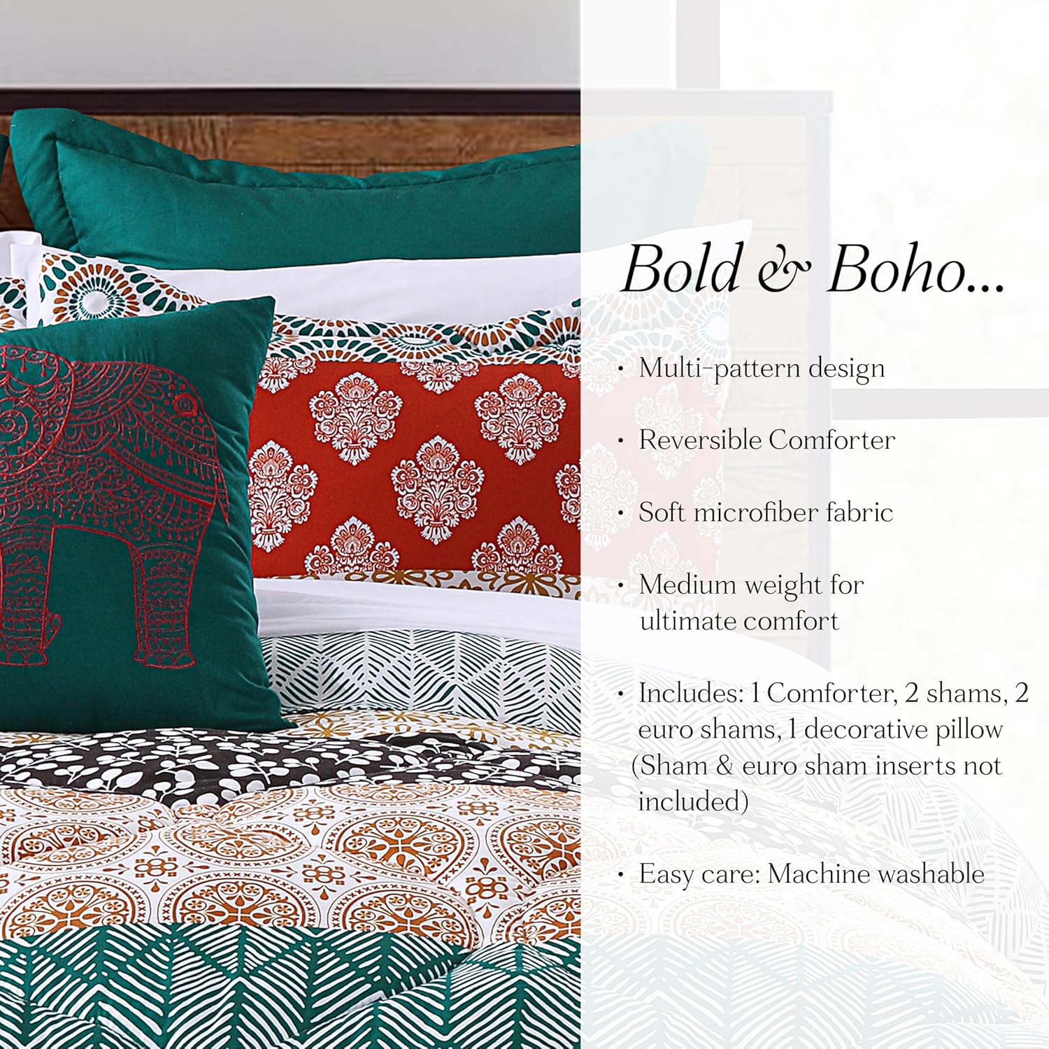 Lush Decor Bohemian Stripe Reversible Comforter Set, 7 Piece Set, Full/ Queen, Turquoise & Orange - Queen Bedding Set - Striped Comforter - Maximalist Decor