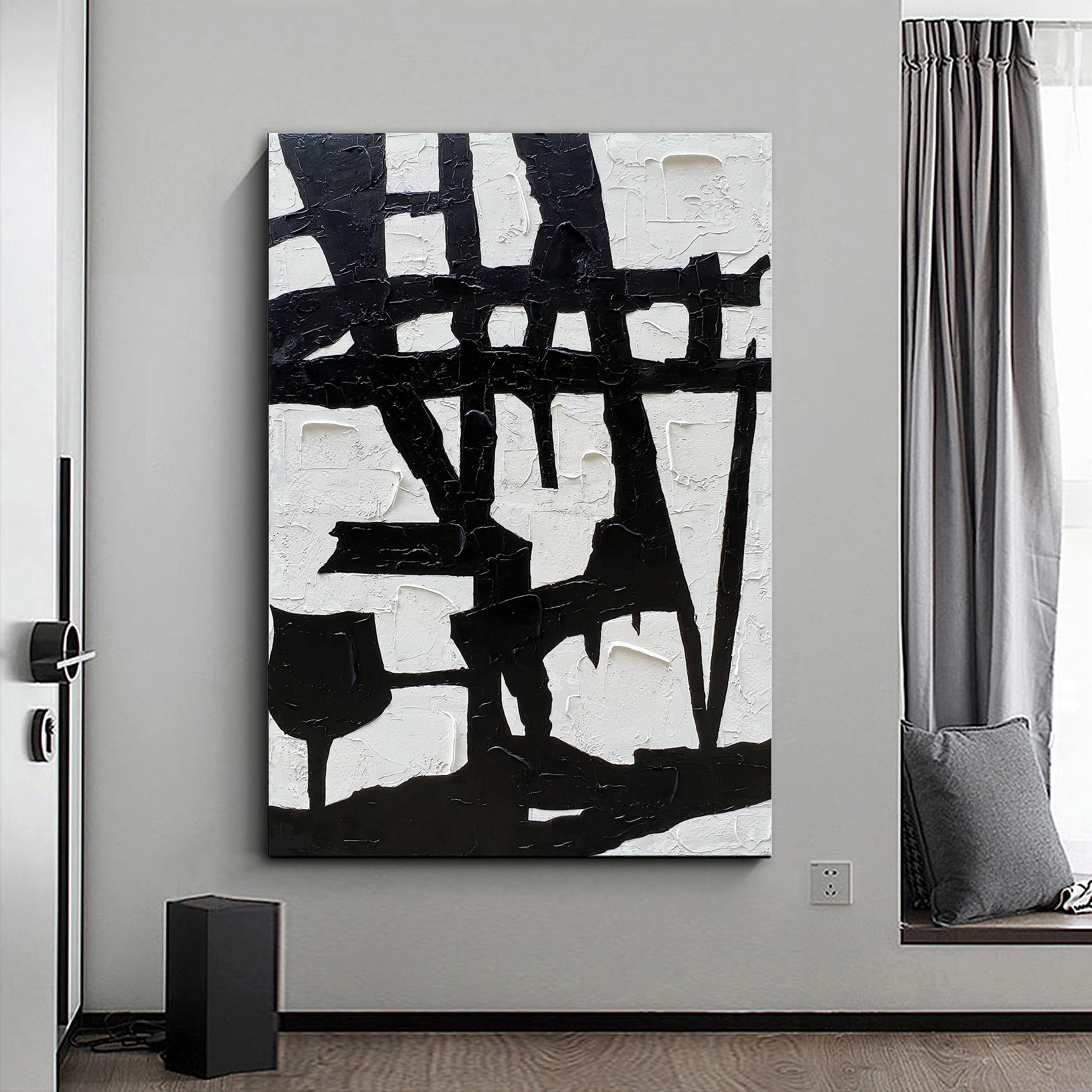 NANKAI Hand-painted black and white wall Art minimalist black and white Abstract Painting Large oil on canvas texture wall Art 45x30 inches
