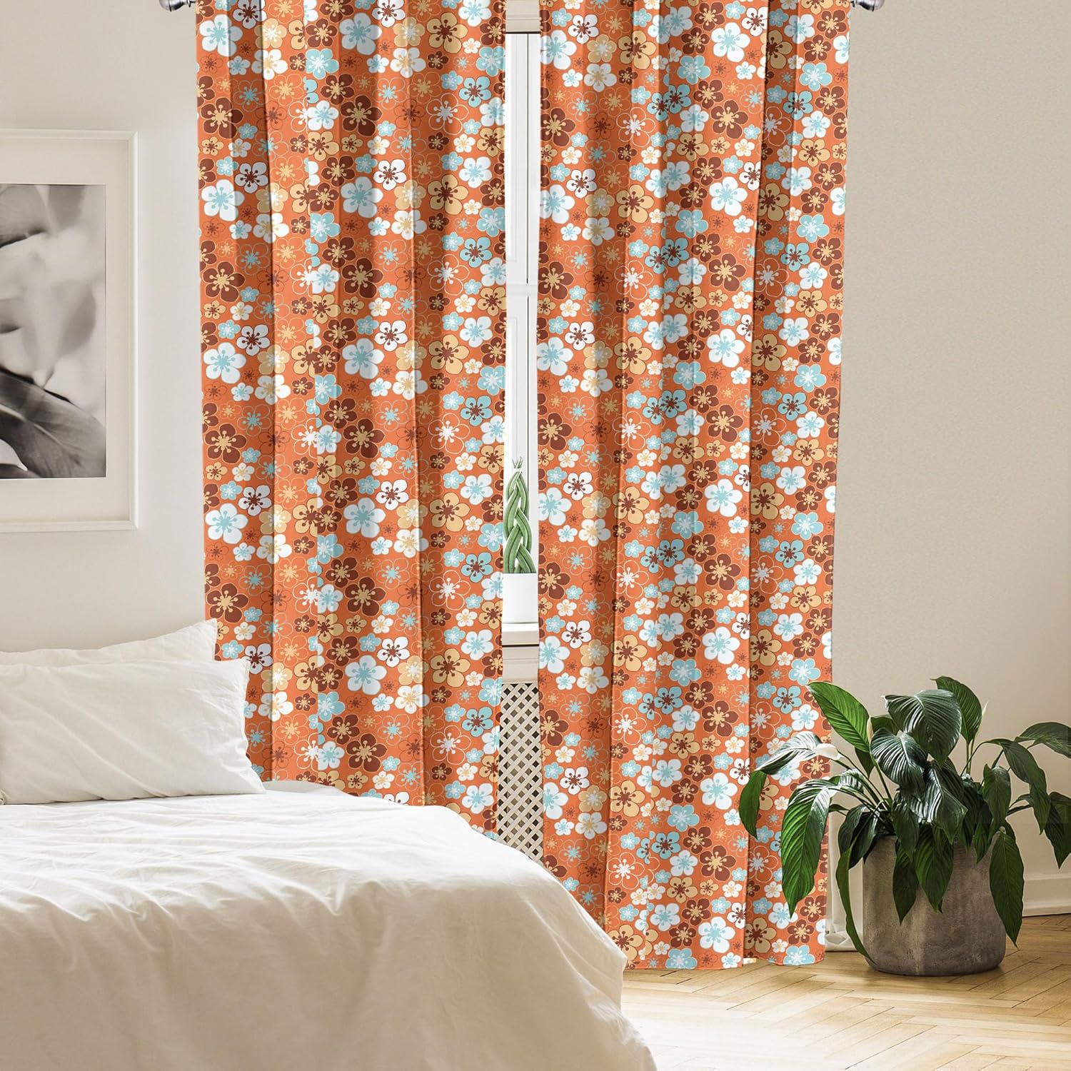 Ambesonne Orange Curtains, Old Fashioned Doodle Flora Abstract Blooming Meadow in Summer Theme, Window Treatments 2 Panel Set for Living Room Bedroom, Pair of - 28" x 95", Sky Blue