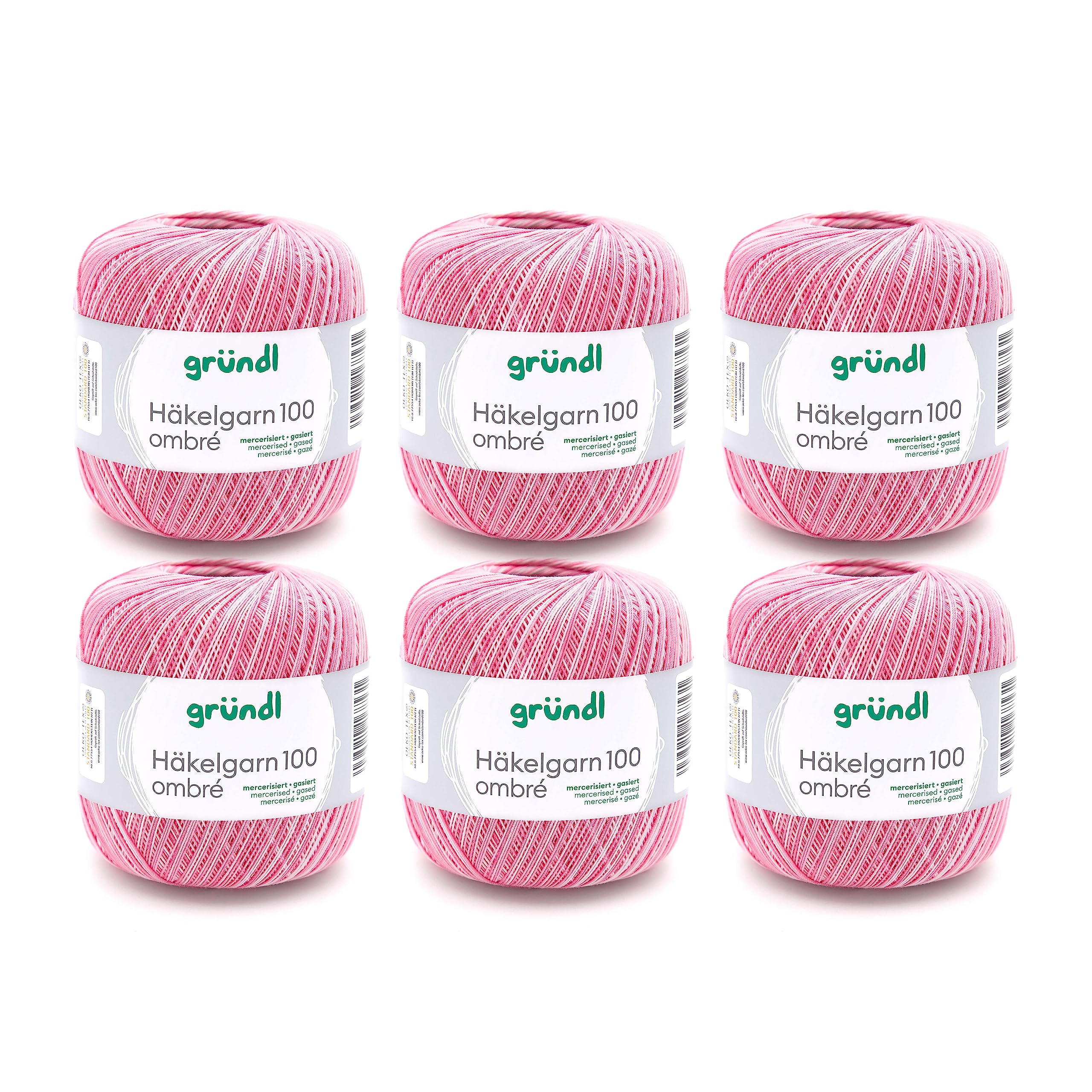 Gründl Crochet Yarn 100 Ombre (Mercerised Cotton Yarn for Crocheting, 100 g / 566 m, Needle Size: 1.5-2, 6 x 100 g) Orchid