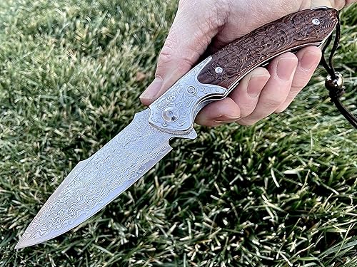 Miniatura 5 de TACTICAL GEARZ Cuchillo de bolsillo de acero de Damasco EDC personalizado, mango de palisandro tallado personalizado, incluye funda de cuero