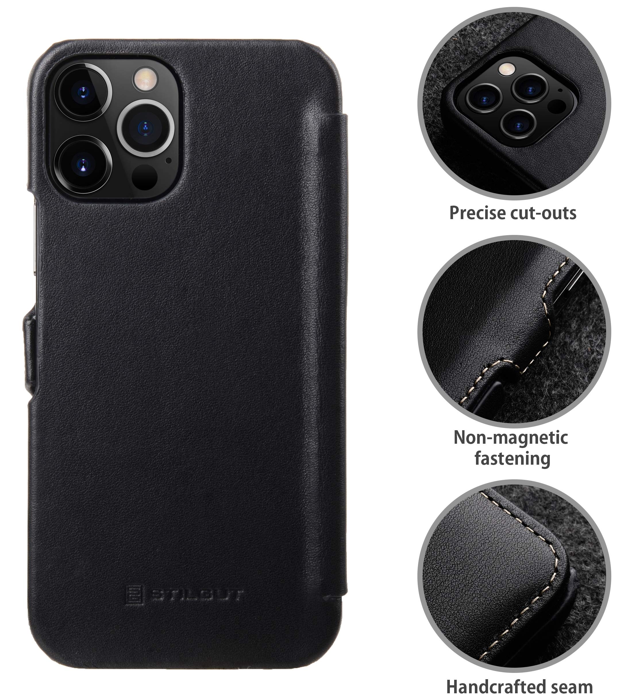 StilGut Book Type Flip Case for iPhone 12 Pro Max (6.7"), Genuine Leather iPhone 12 pro Max case with Closure, Black Nappa - Image 2