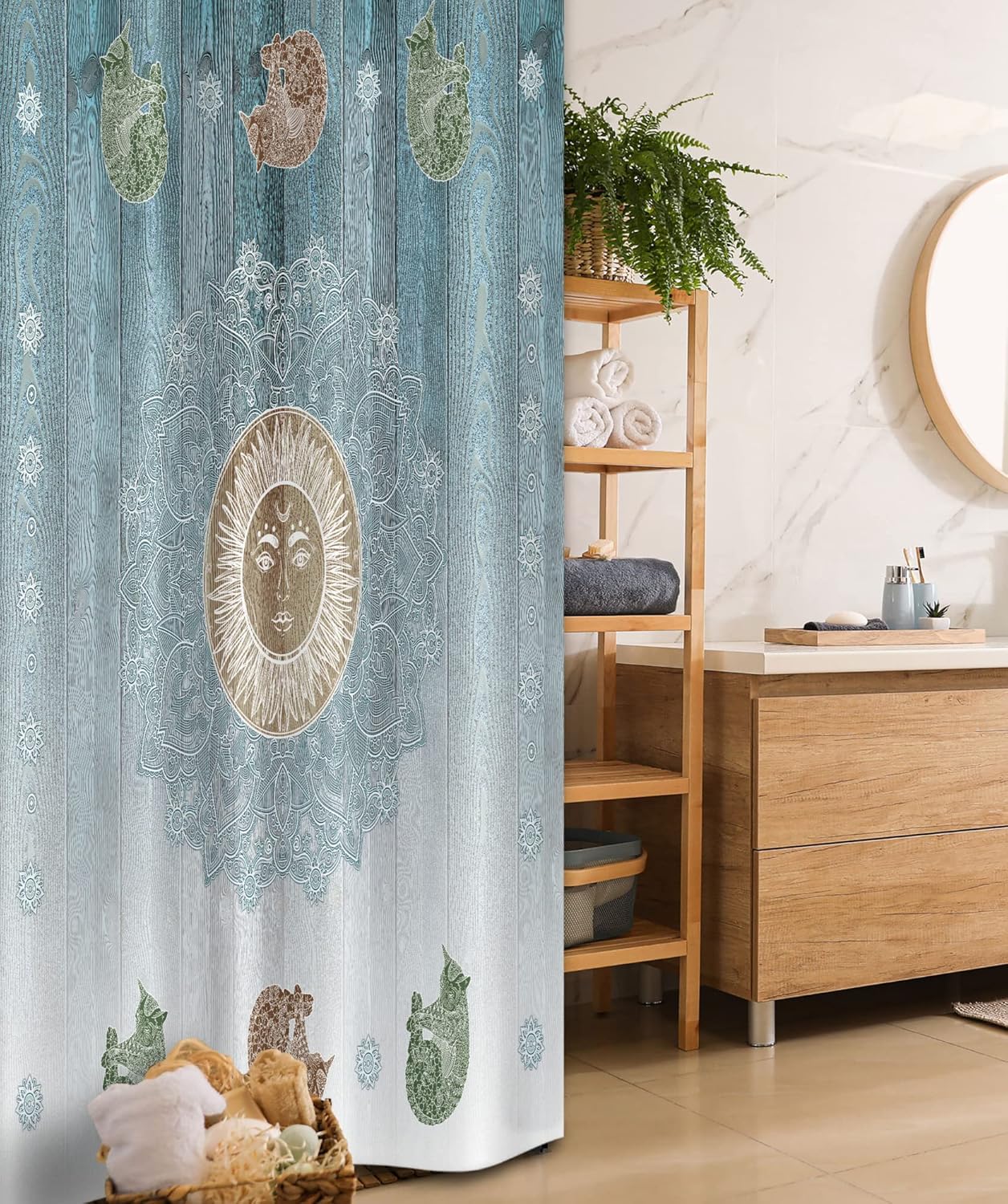 Ambesonne Hippie Stall Shower Curtain, Sun Figure with Cats Totem Bohemian Style Old Display Illustration Print, Fabric Bathroom Decor Set with Hooks, 36" W x 72" L, Pale Grey and Teal