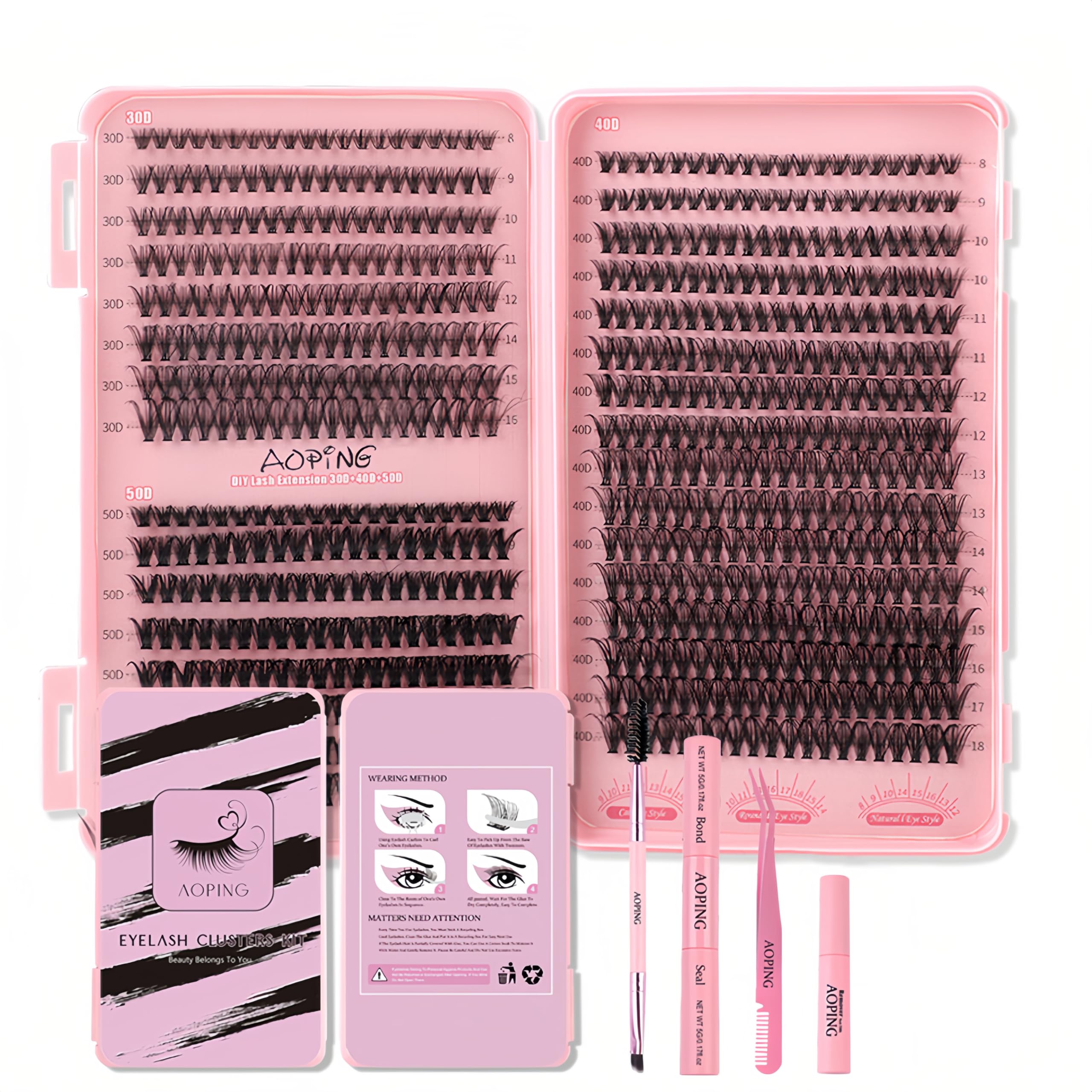 Lashes Extension Kit 640pcs False Eyelashes Clusters 30D+40D+50D, DIY Individual Lash Kit 8-18mm with Eyelash Tools Set