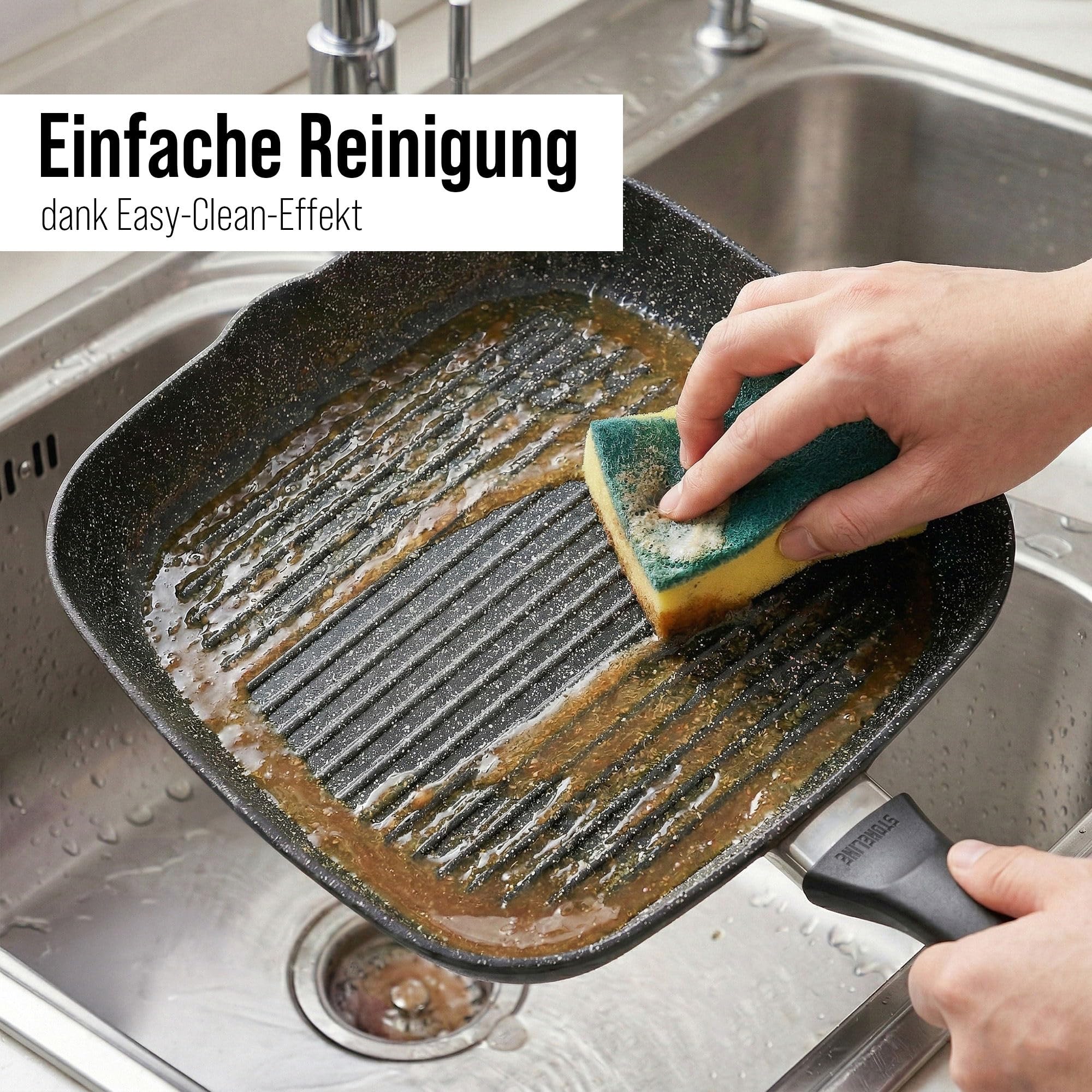 STONELINE Grillpfanne 26 x 26 cm, Aluguss, Antihaftbeschichtung mit echten Steinpartikeln, Große Pfanne Induktion backofengeeignet, Steakpfanne Eckige Pfanne, Schwarz