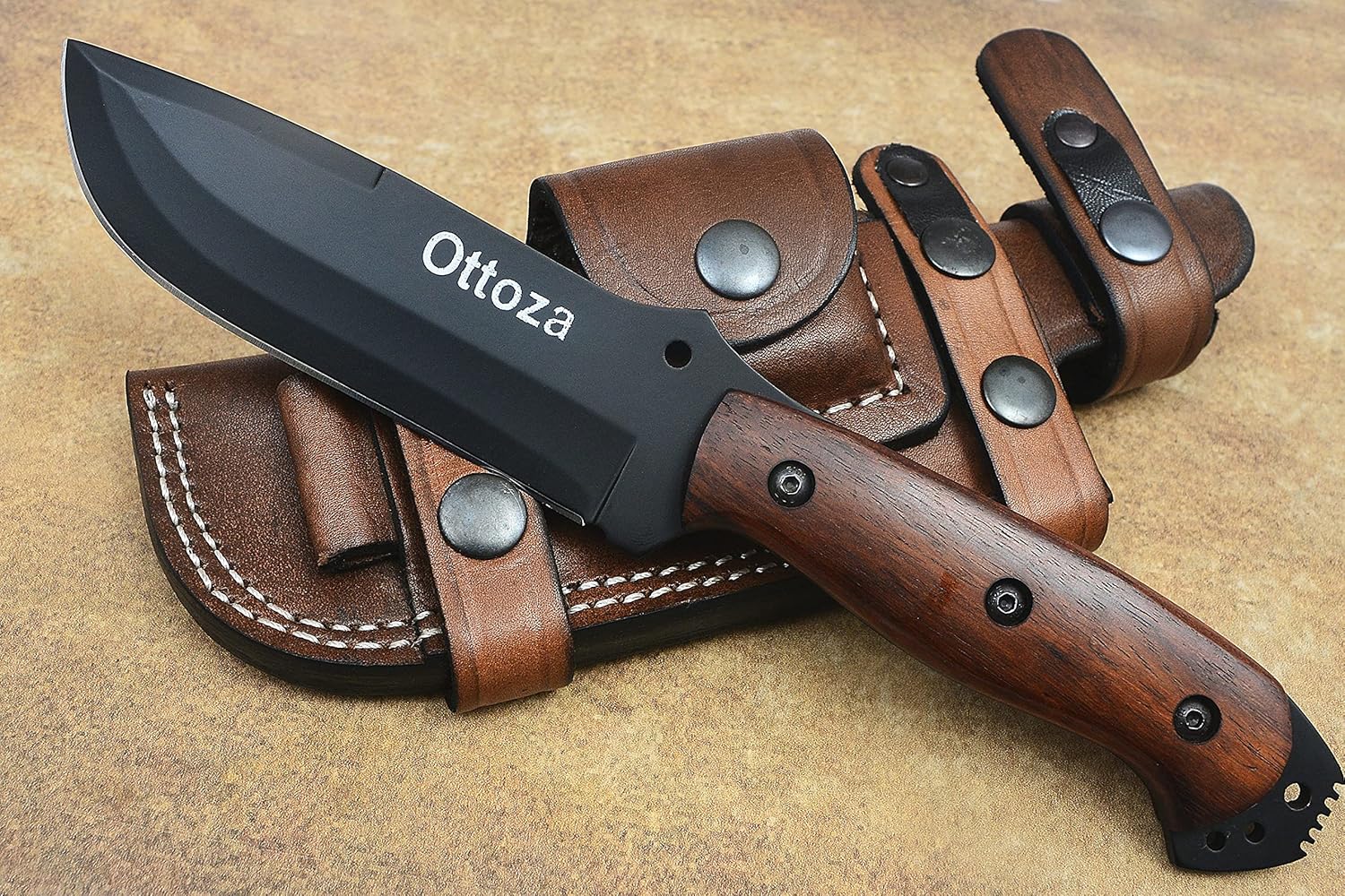 Ottoza Fixed Blade Hunting Knife with Leather Sheath and Horizontal Carry - Full Tang Outdoor Survival and Camping Knife for Men - Wood Handle 313