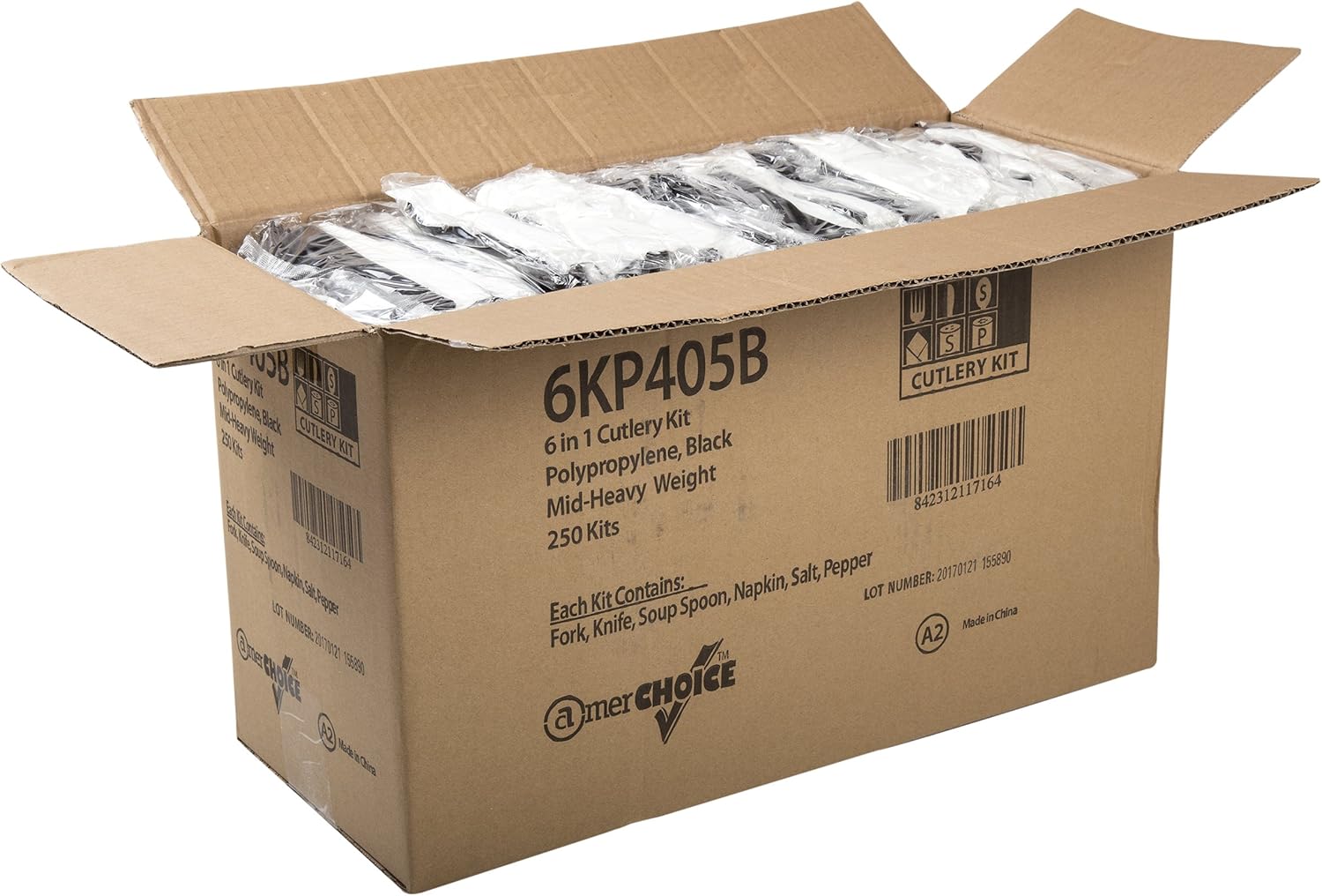 AmerCareRoyal 6-in-1 Disposable Silverware Medium Heavy Weight Plastic Utensil Set with Teaspoon, Fork, Knife, Salt & Pepper, 12x13 Napkin - Individually Wrapped Cutlery Meal Kit, Black, Case of 250