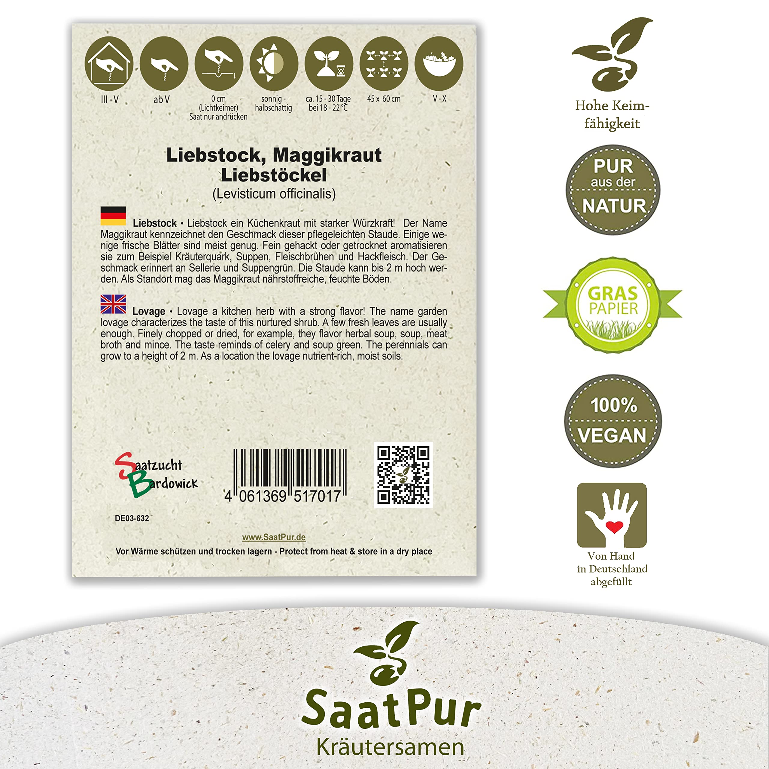 SaatPur Liebstöckel Samen, Maggikraut samenfestes Samen Saatgut - Kleines Tray mit 25 Portionstüten für je ca. 80 Pflanzen Kräutersamen