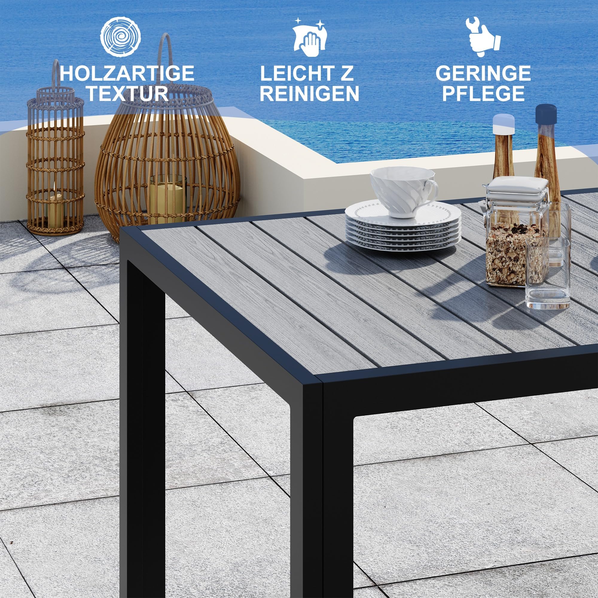 Devoko HDPS wetterfester Gartentisch, 189 x 80 x 74 cm Aluminium-Tisch für den Außenbereich mit Holzmaserung, pflegeleicht, Esstisch für 6 bis 10 Personen (grau)