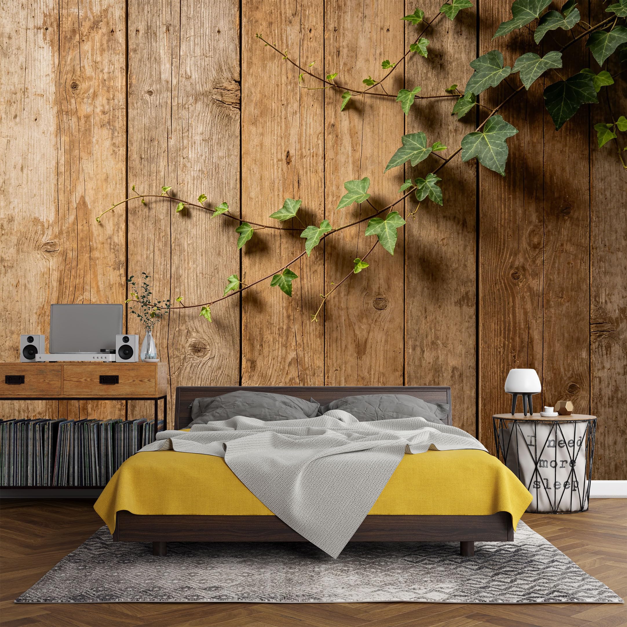 Custom Size Wall Mural， Botanical Green Ivy on Rustic Wood Planks Vintage Farmhouse Style，SelfAdhesive Art Prints wall Fabric (No PVC) Removable Wallpaper Living Room Decor