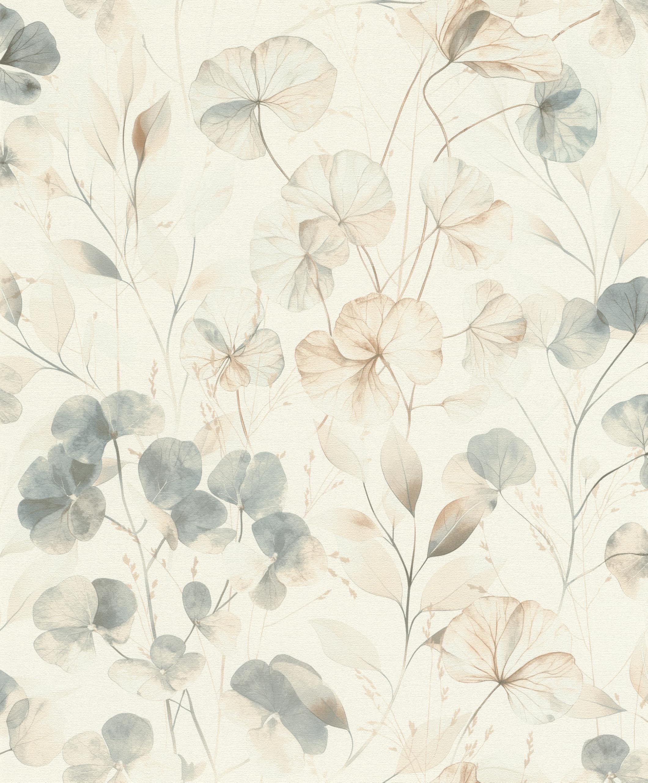 Papel pintado de hojas y ramas azul marrón para dormitorio elegante
