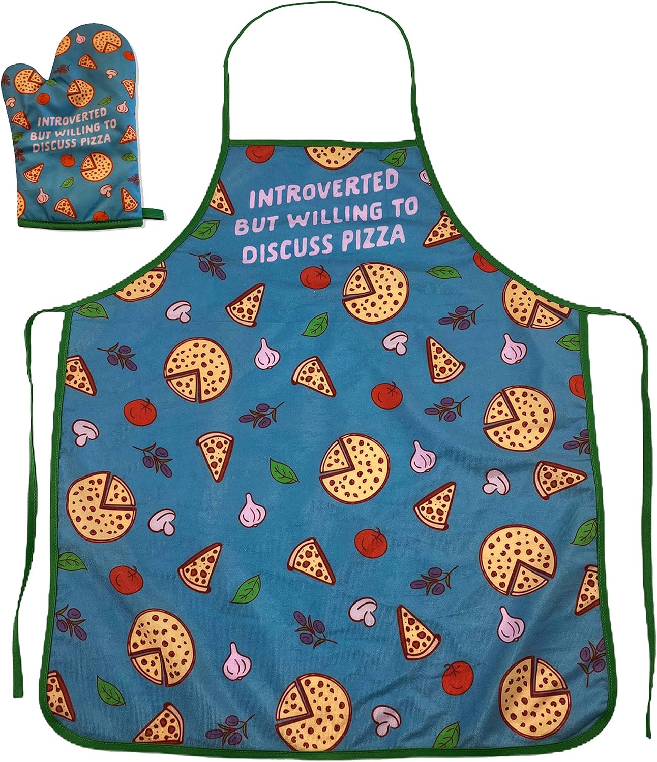 Crazy Dog T-Shirts Introverted But Willing to Discuss Pizza Funny Baking Cooking Graphic Kitchen Accessories Funny Graphic Kitchenwear Cool Food Novelty Cookware Blue Oven Mitt + Apron