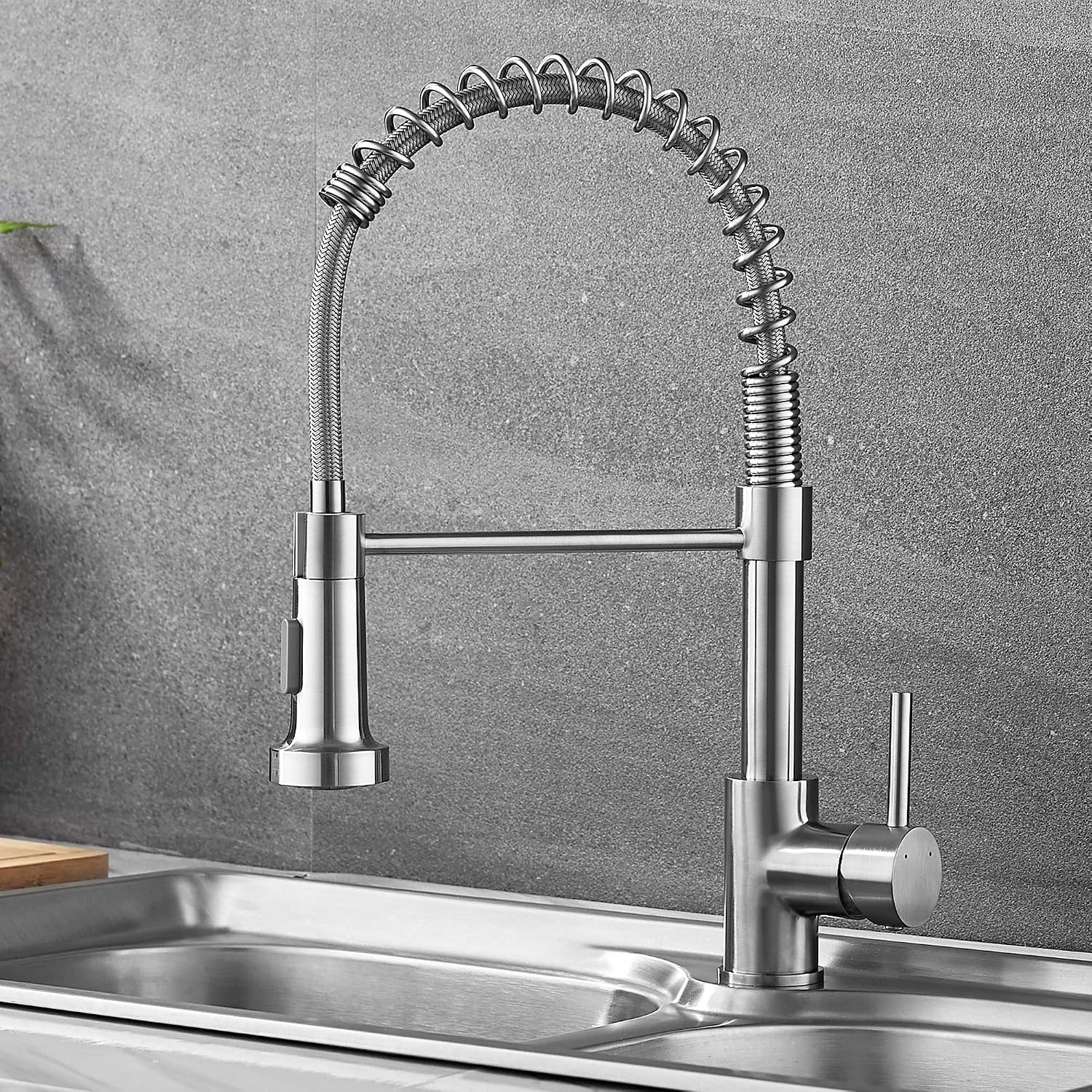 Super Cheap 🛒 Ravinte Commercial Kitchen Faucets with Sprayer Single Handle Brushed Nickel Spring Spout Faucets Pull Down Sprayer Solid Brass Countertop Faucet Farmhouse Kitchen Faucets